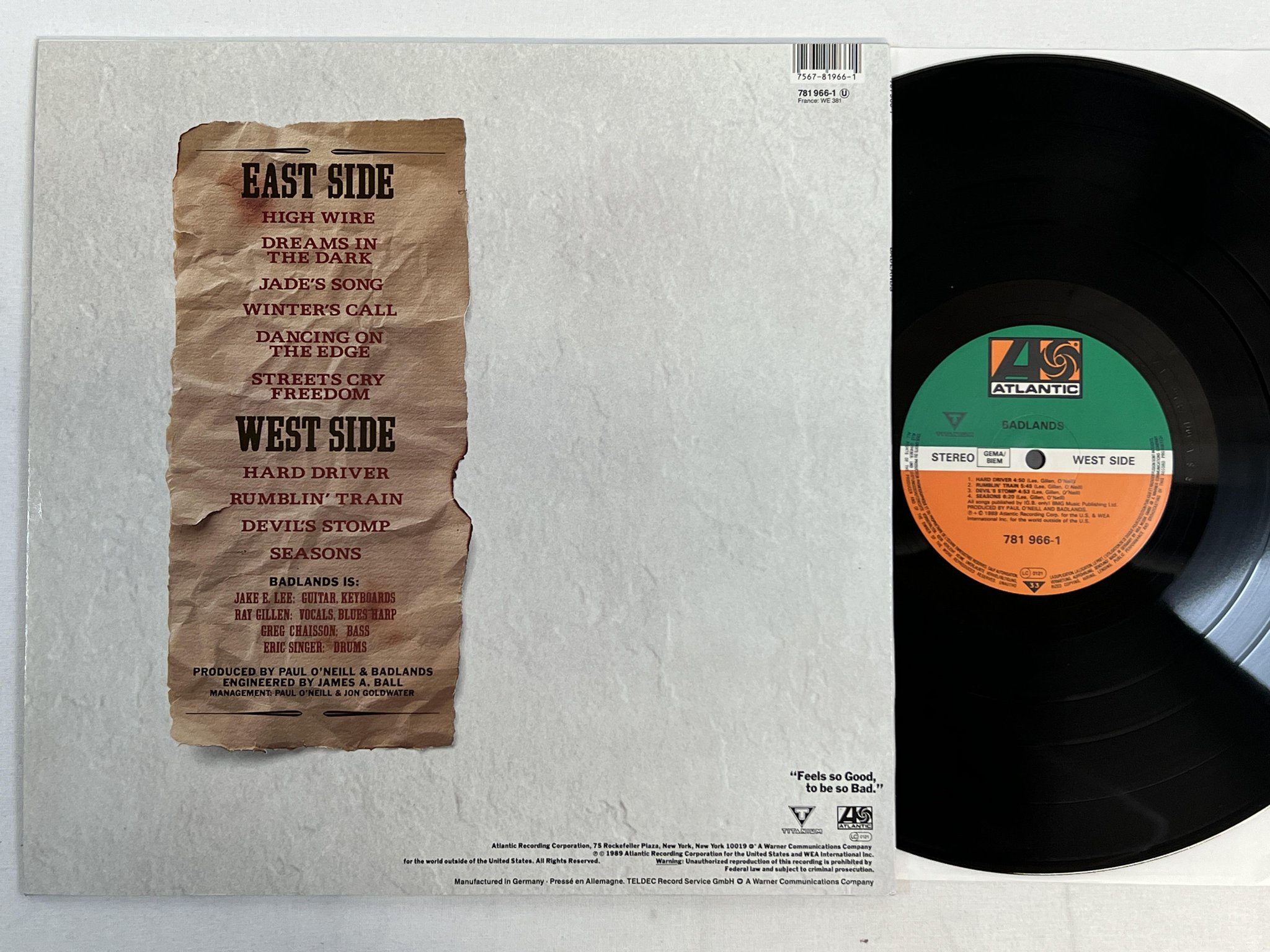 Omslagsbild för skivan BADLANDS s/t LP -89 ATLANTIC 781 966-1 ** RARE HARD ROCK **