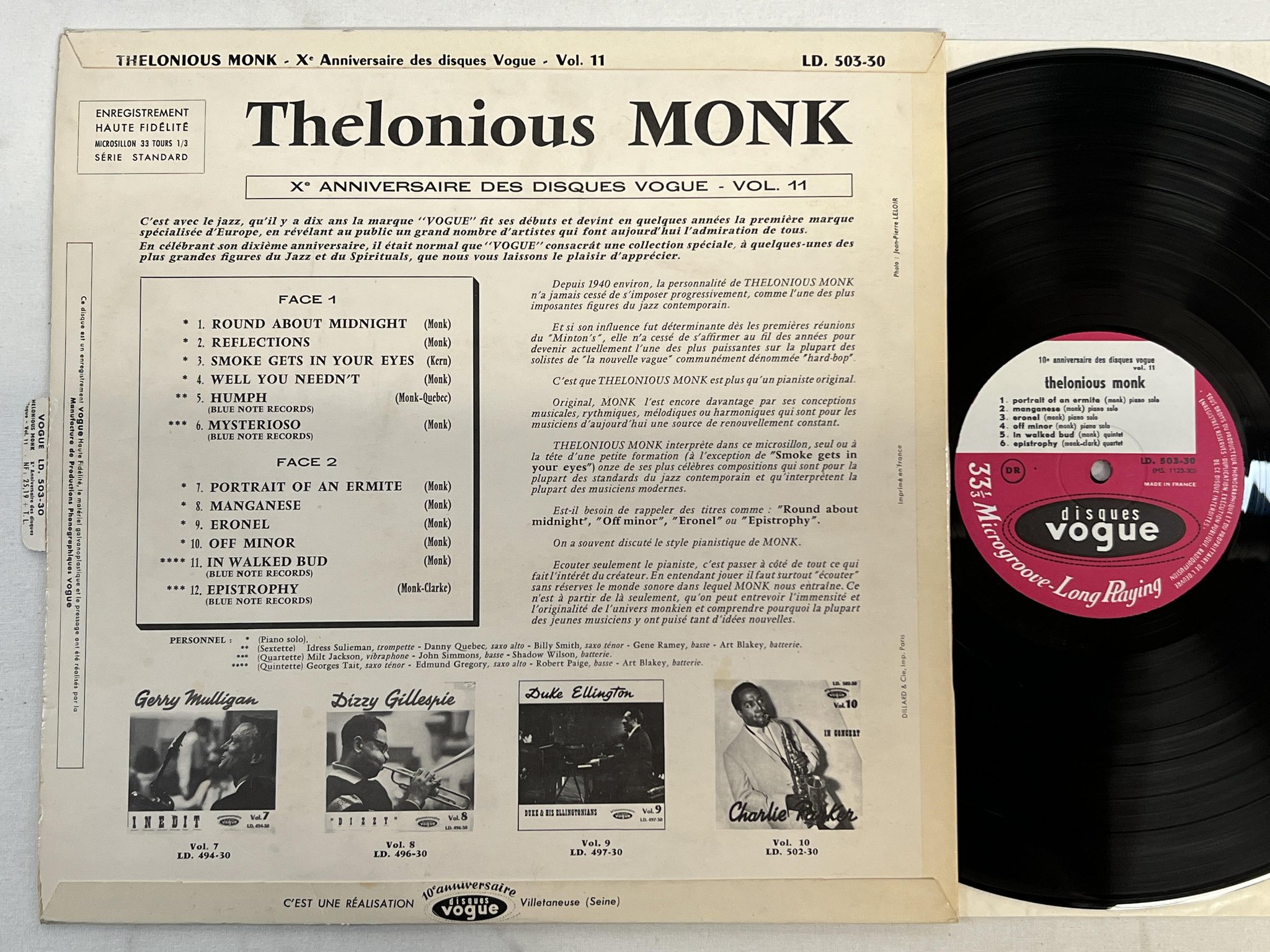 Omslagsbild för skivan THELONIOUS MONK The Prophet LP -61 Fra DISQUES VOGUE LD. 503-30