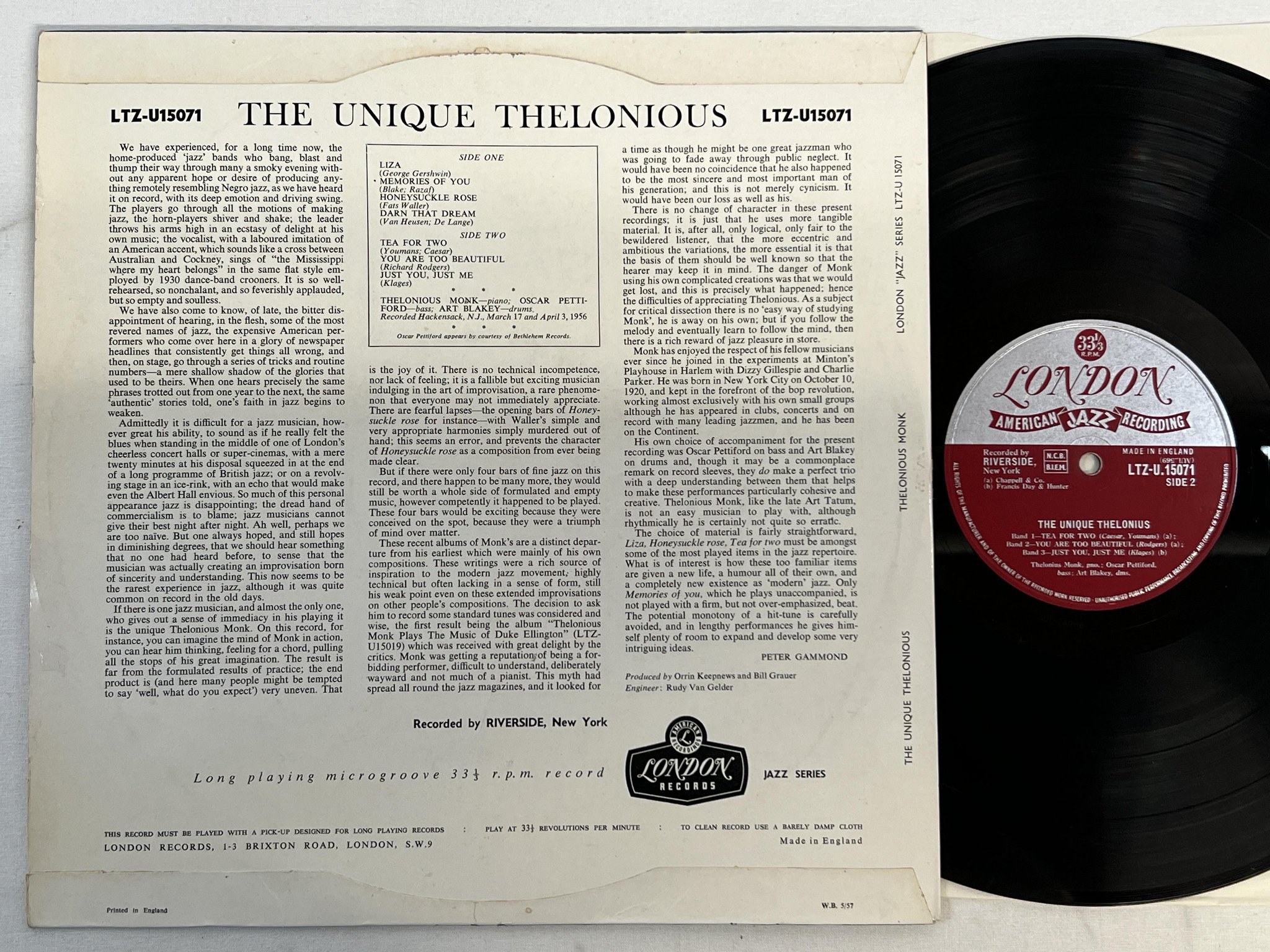 Omslagsbild för skivan THELONIOUS MONK the unique LP -57 UK LONDON LTZ-U.15071
