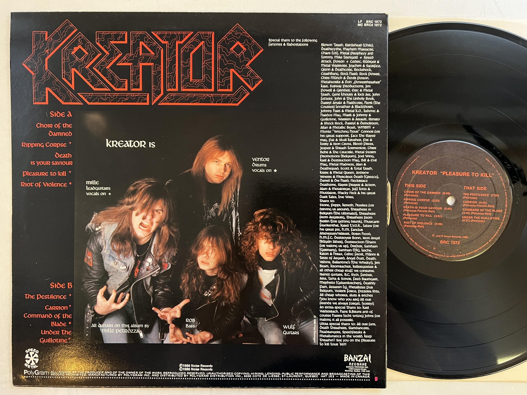 Omslagsbild för skivan KREATOR pleasure to kill LP -86 Canada BANZAI BRC 1972 speed metal