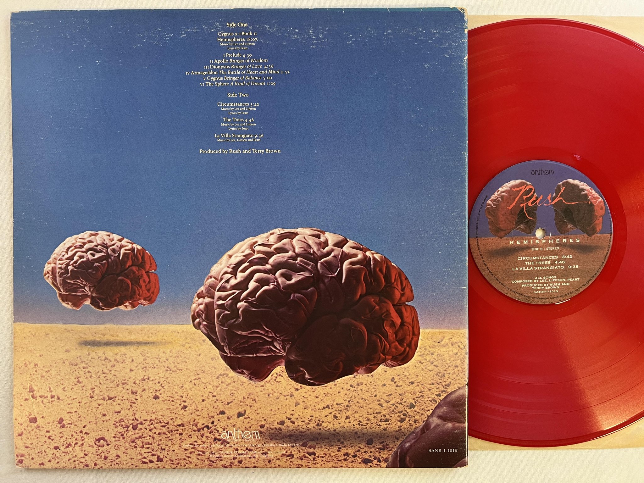 Omslagsbild för skivan RUSH hemispheres LP -78 Can ANTHEM SANR-1-1015 *** red vinyl **