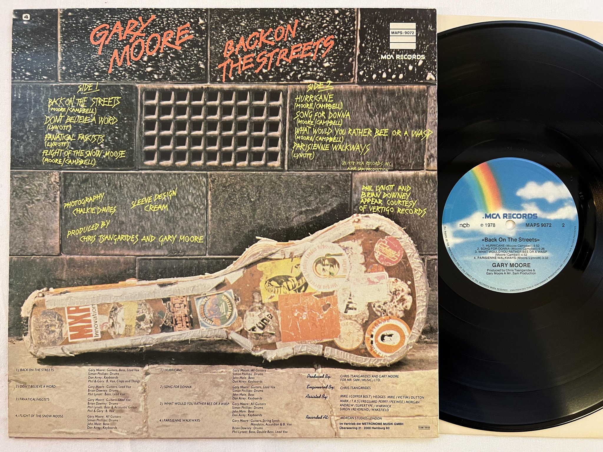 Omslagsbild för skivan GARY MOORE back on the streets LP -78 ncb MCA MAPS 9072