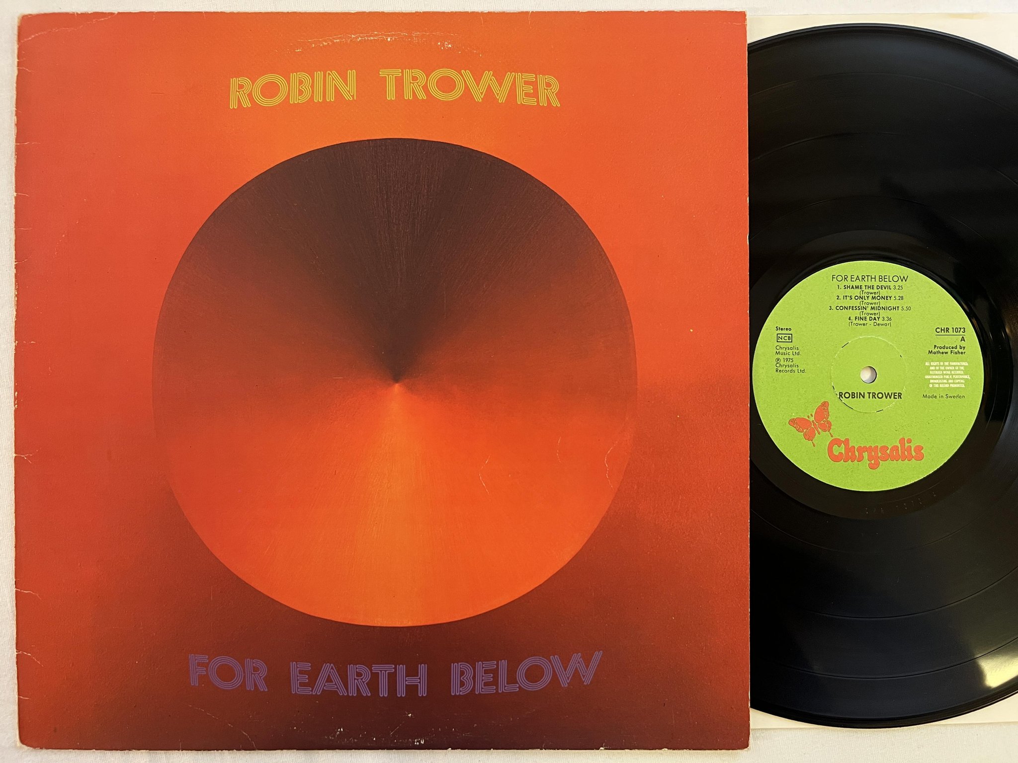 Omslagsbild för skivan ROBIN TROWER for earth below LP -75 ncb CHRYSALIS CHR 1073