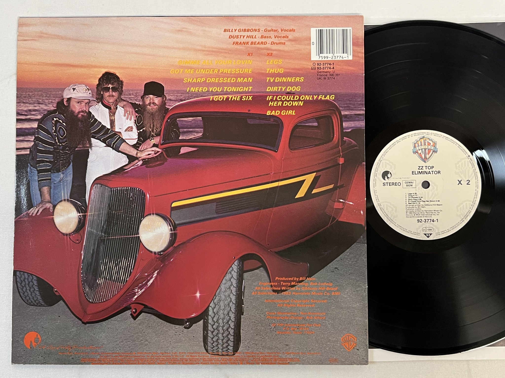 Omslagsbild för skivan ZZ TOP eliminator LP -83 Ger WARNER 92-3774-1