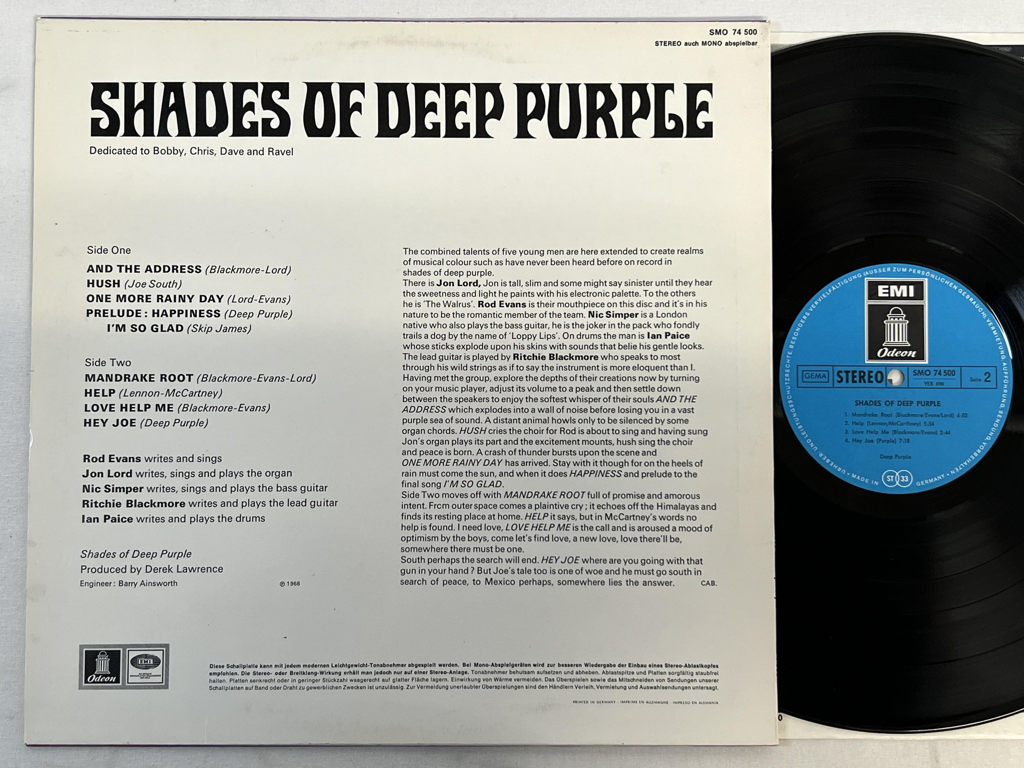 Omslagsbild för skivan DEEP PURPLE shades of .... LP -68 Ger ODEON SMO 74 500 ** RARE GERMAN PRESS **