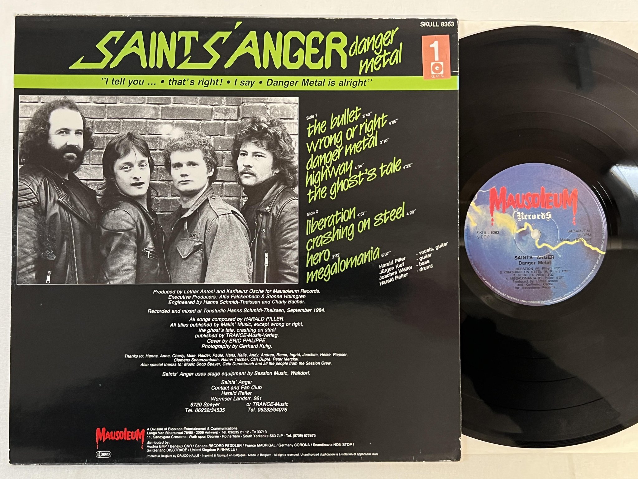 Omslagsbild för skivan SAINTS ANGER danger metal LP -85 BELGIUM MAUSOLEUM SKULL 8363