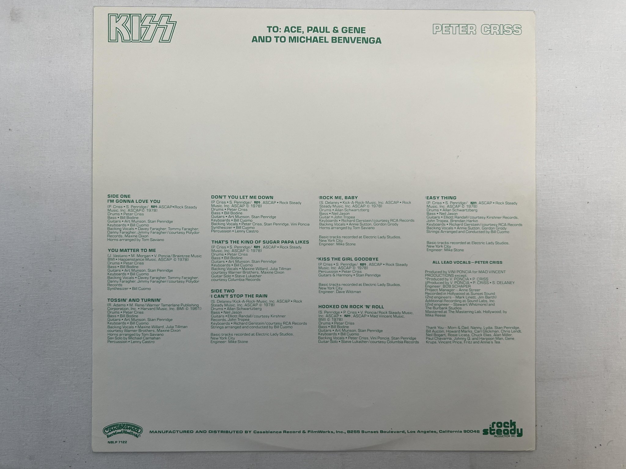 Omslagsbild för skivan PETER CRISS kiss LP -78 ncb CASABLANCA NBLP 7122 w/ poster