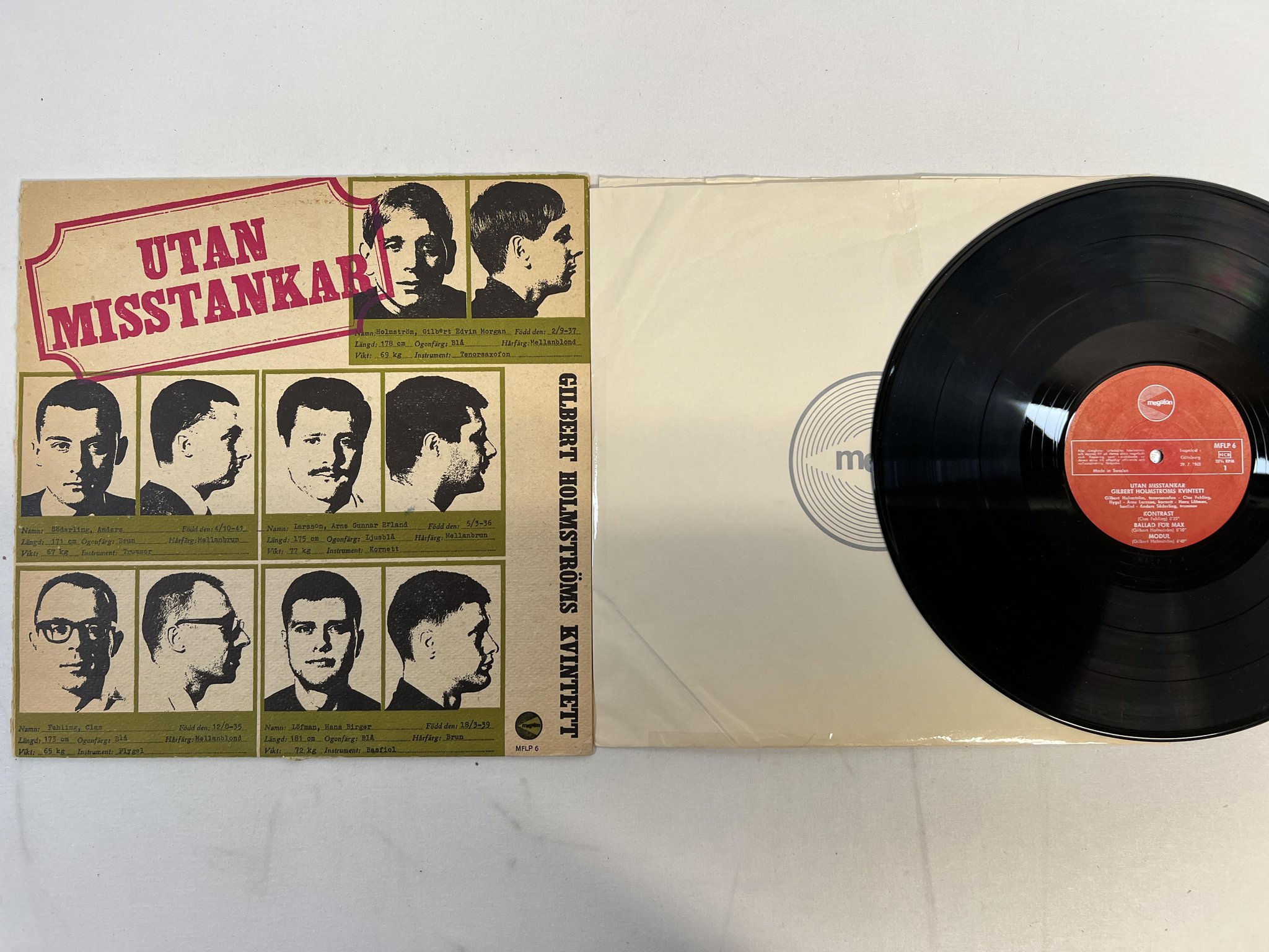 Omslagsbild för skivan GILBERT HOLMSTRÖMS KVINTETT utan misstankar LP -65 Swe MEGAFON MFLP 6