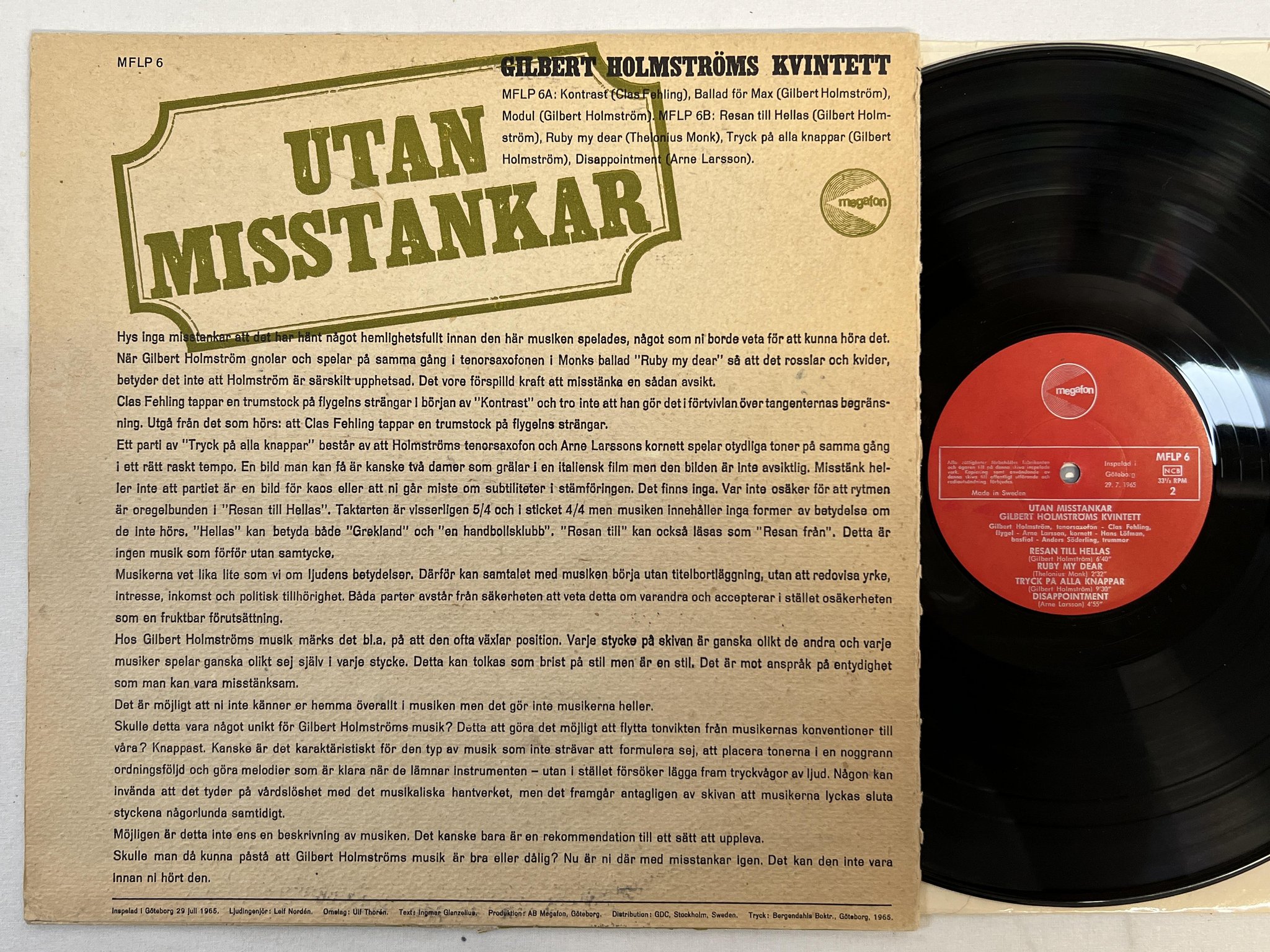 Omslagsbild för skivan GILBERT HOLMSTRÖMS KVINTETT utan misstankar LP -65 Swe MEGAFON MFLP 6