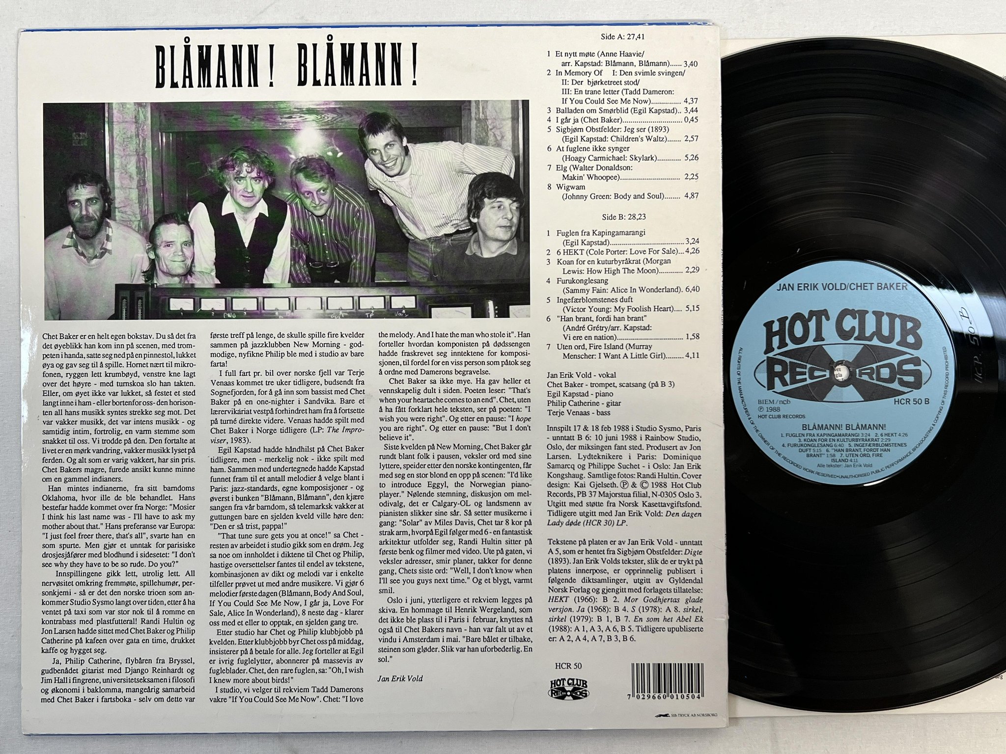 Omslagsbild för skivan CHET BAKER og JAN ERIL VOLD blåmann! blåmann! LP -88 Norway HOT CLUB HCR 50