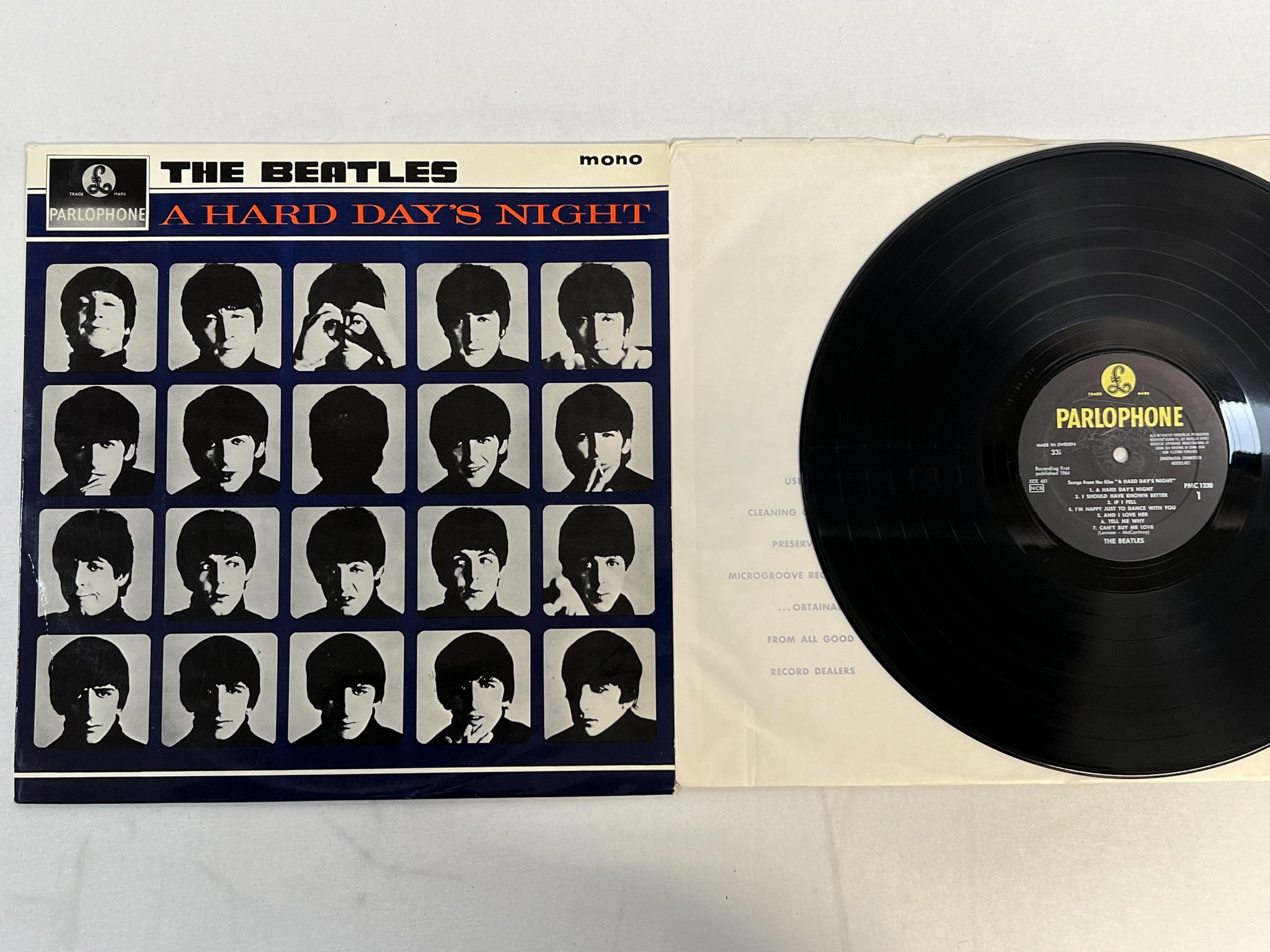 Omslagsbild för skivan THE BEATLES a hard days night LP Sweden PARLOPHONE PMC 1230