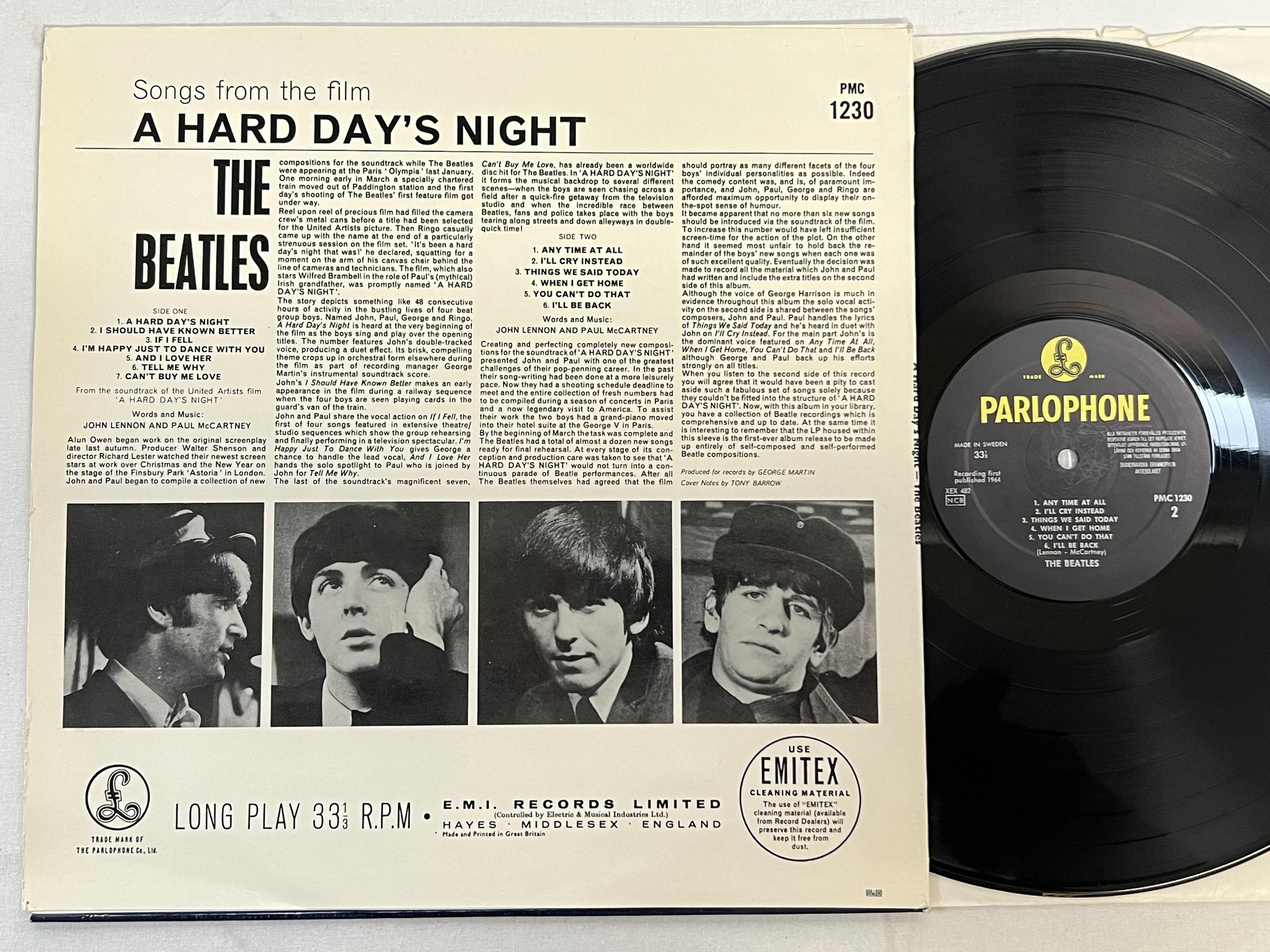 Omslagsbild för skivan THE BEATLES a hard days night LP Sweden PARLOPHONE PMC 1230