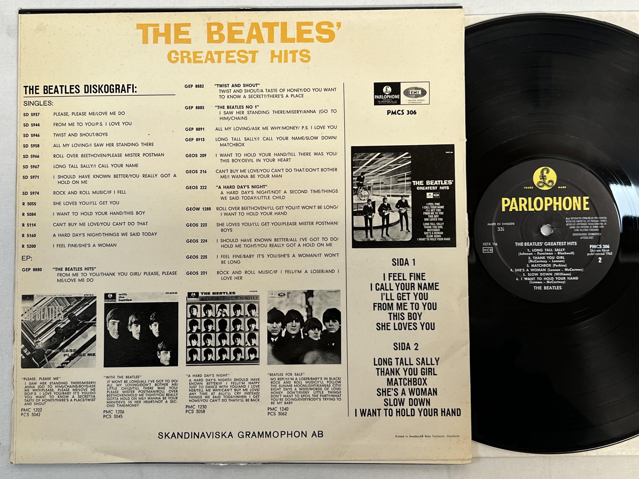 Omslagsbild för skivan THE BEATLES greatest hits LP -65 Sweden PARLOPHONE PMCS 306
