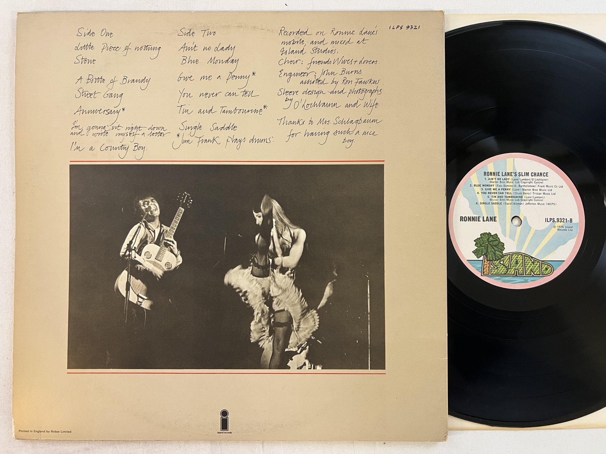 Omslagsbild för skivan RONNIE LANE'S slim chance LP -75 UK ISLAND ILPS 9321