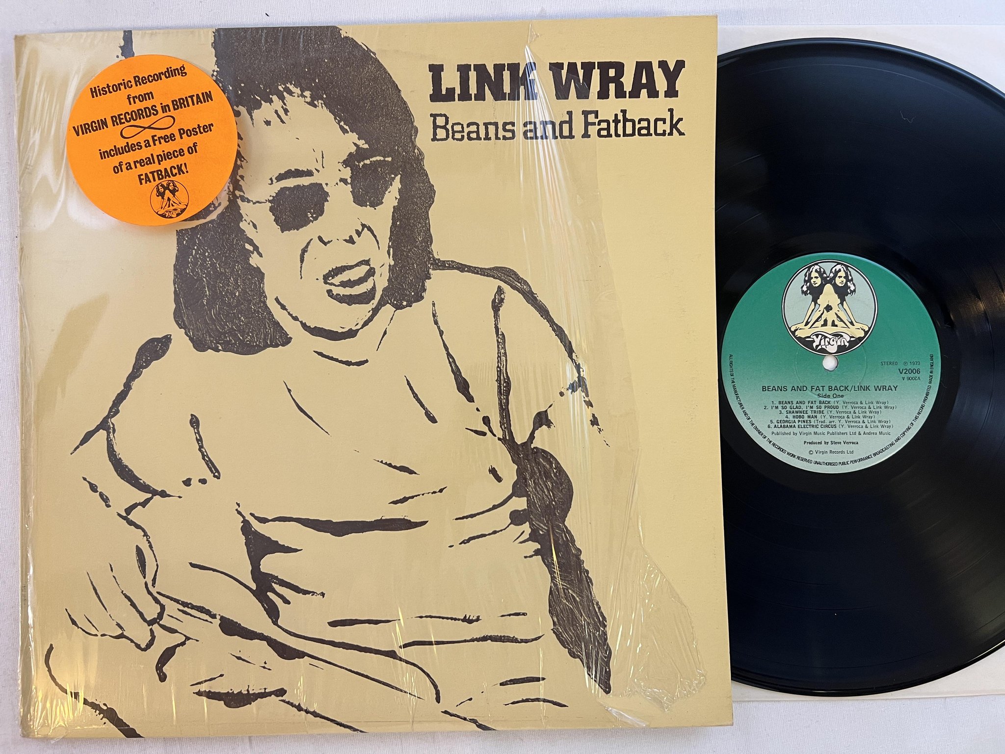 Omslagsbild för skivan LINK WRAY beans and fat back LP -73 UK VIRGIN V2006 w/ POSTER