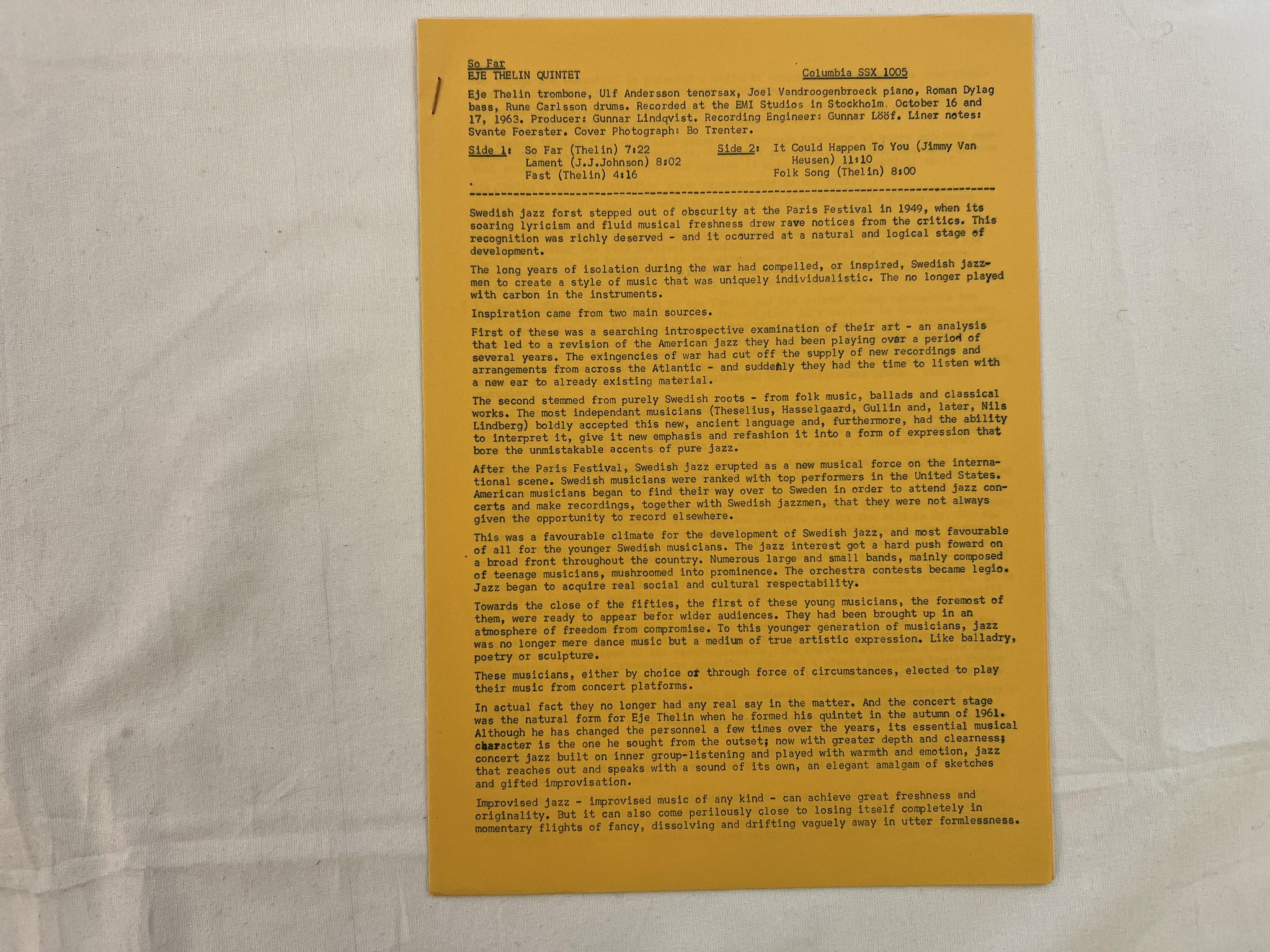 Omslagsbild för skivan EJE THELIN QUINTET so far LP -63 Swe COLUMBIA SSX 1005 w/ promo letter