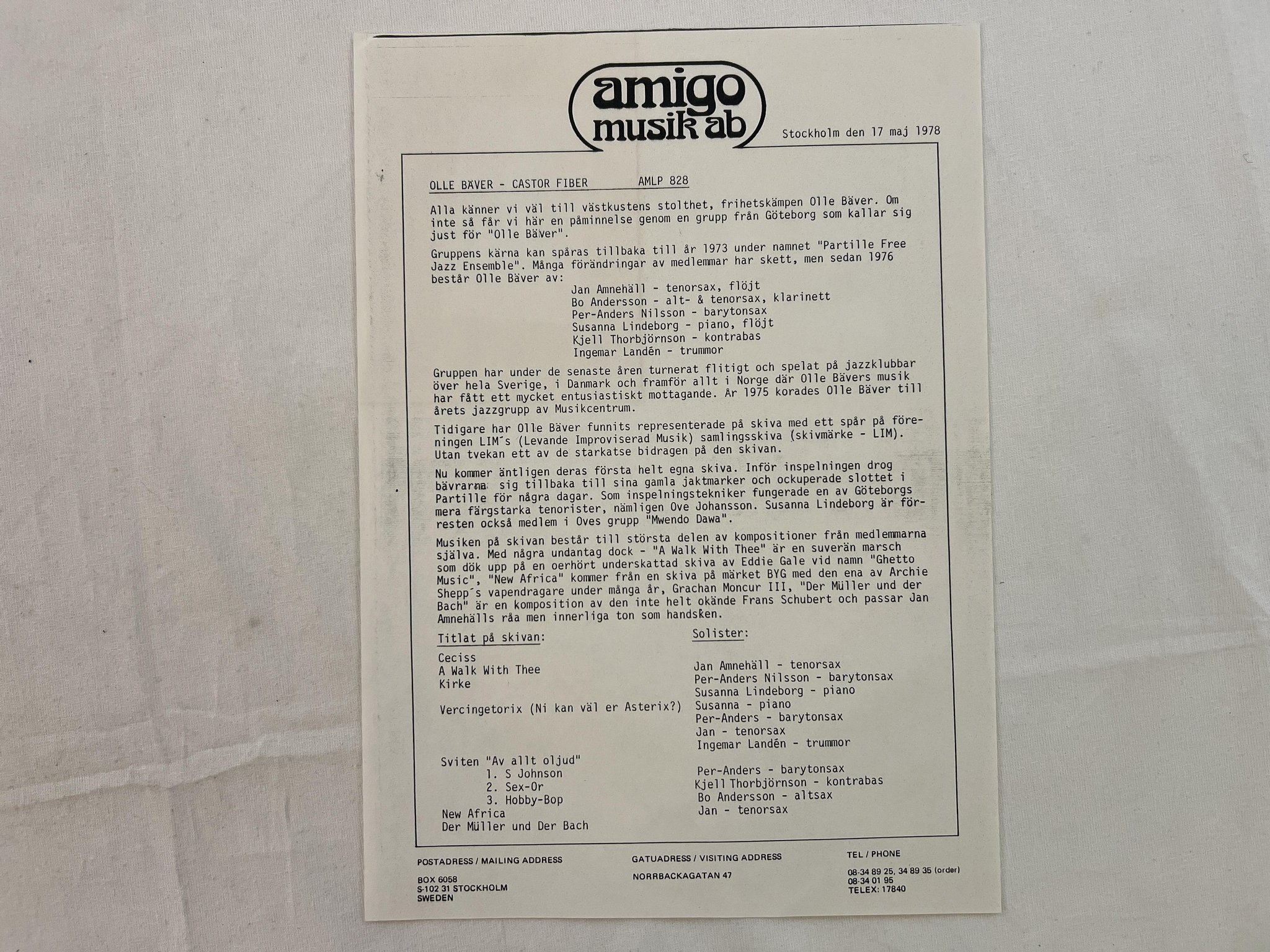 Omslagsbild för skivan OLLE BÄVER castor fiber LP -77 AMIGO AMLP 828 w/ promo letter