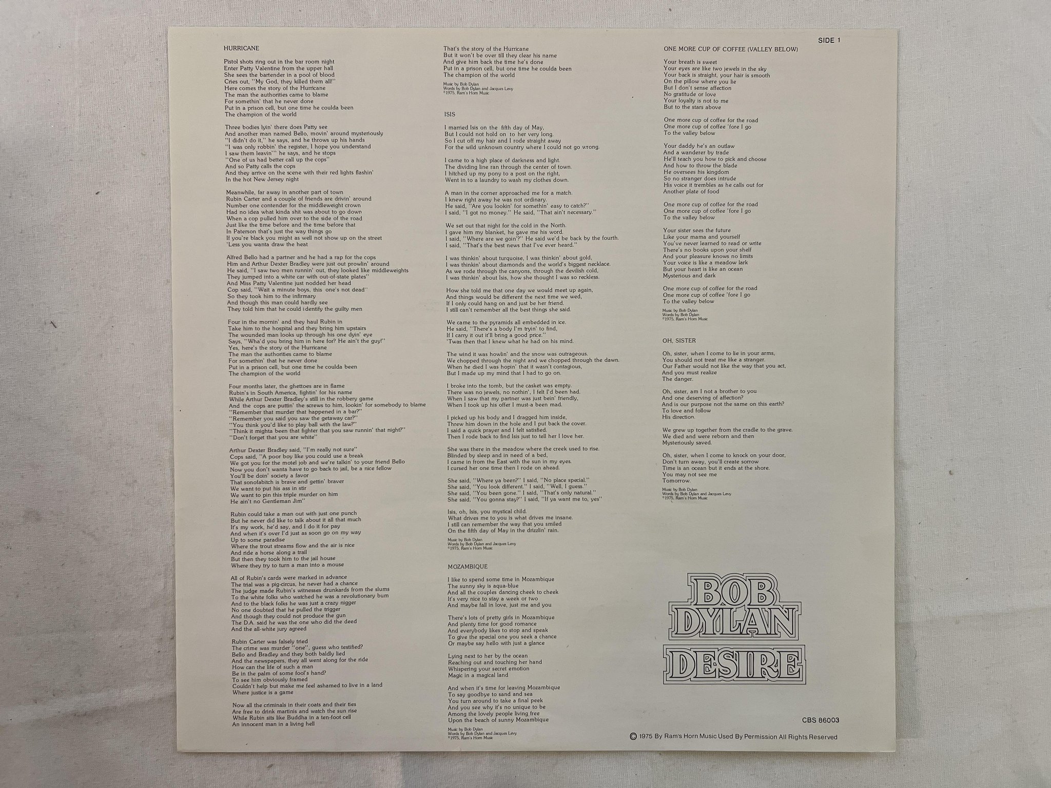 Omslagsbild för skivan BOB DYLAN desire LP -75 Hol CBS 86003 "one more cup of coffee"