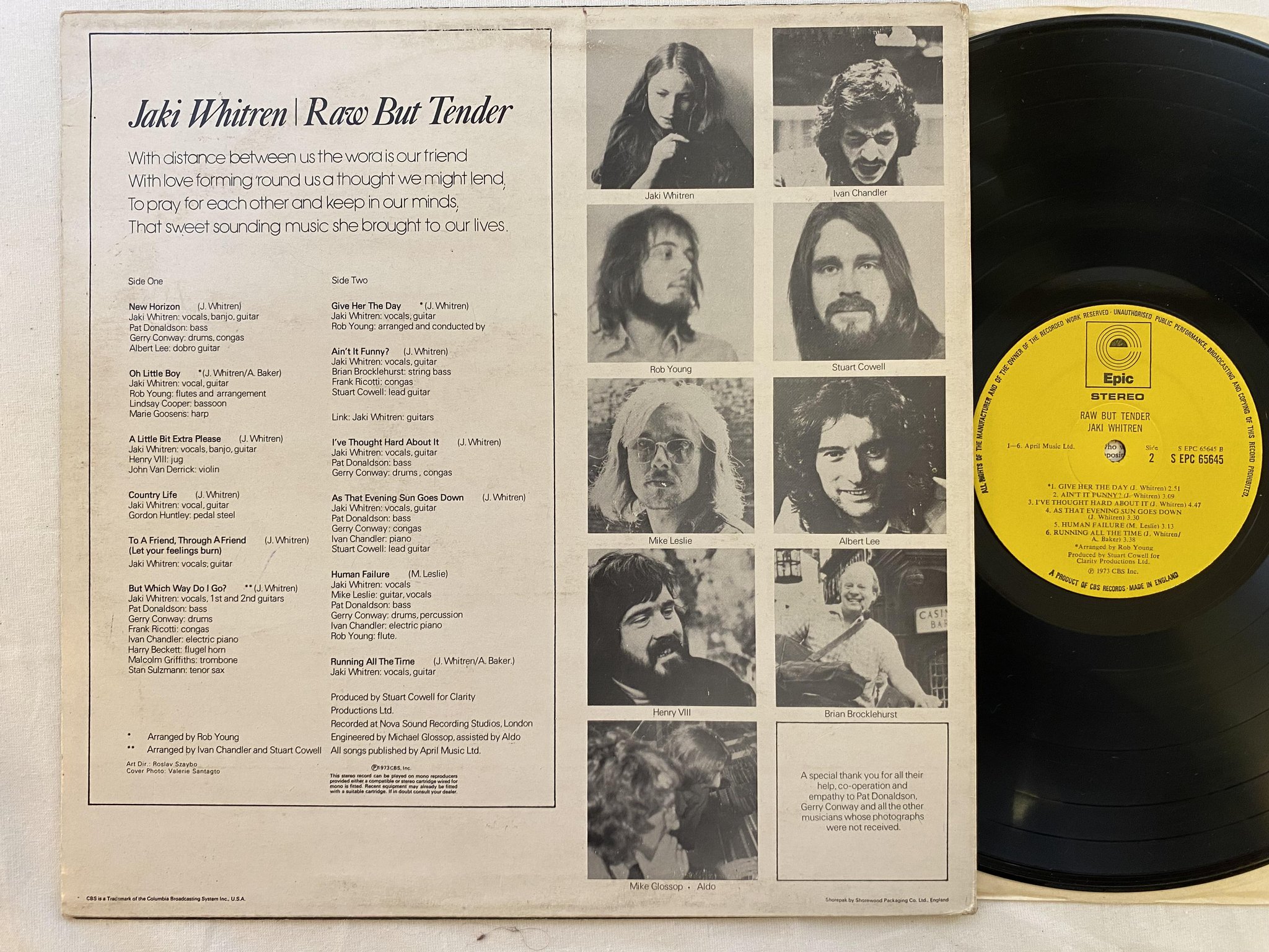 Omslagsbild för skivan JAKI WHITREN raw but tender LP -73 UK EPIC EPC 65645