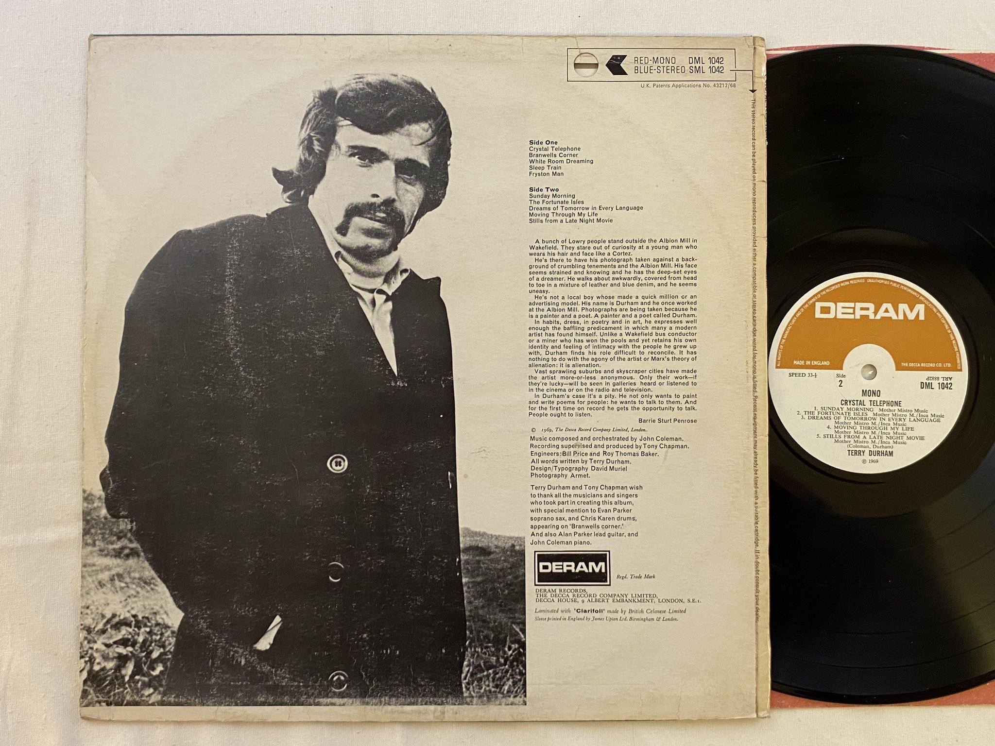 Omslagsbild för skivan TERRY DURHAM crystal telephone LP -69 UK DERAM DML 1042 mono FOLK/ROCK