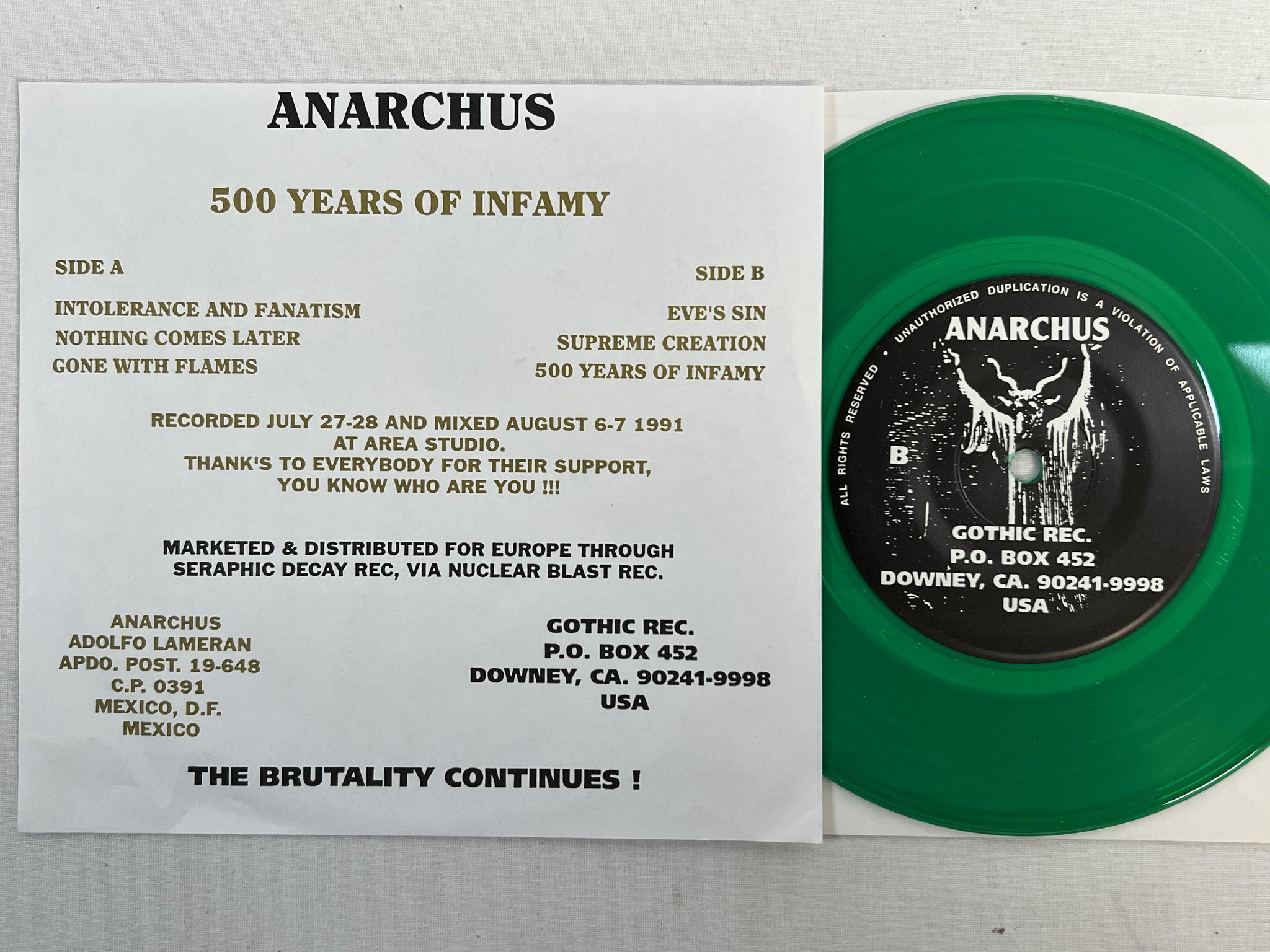 Omslagsbild för skivan ANARCHUS 500 Years Of Infamy 7"ep -91 US gothic thik-005 ** GREEN VINYL **