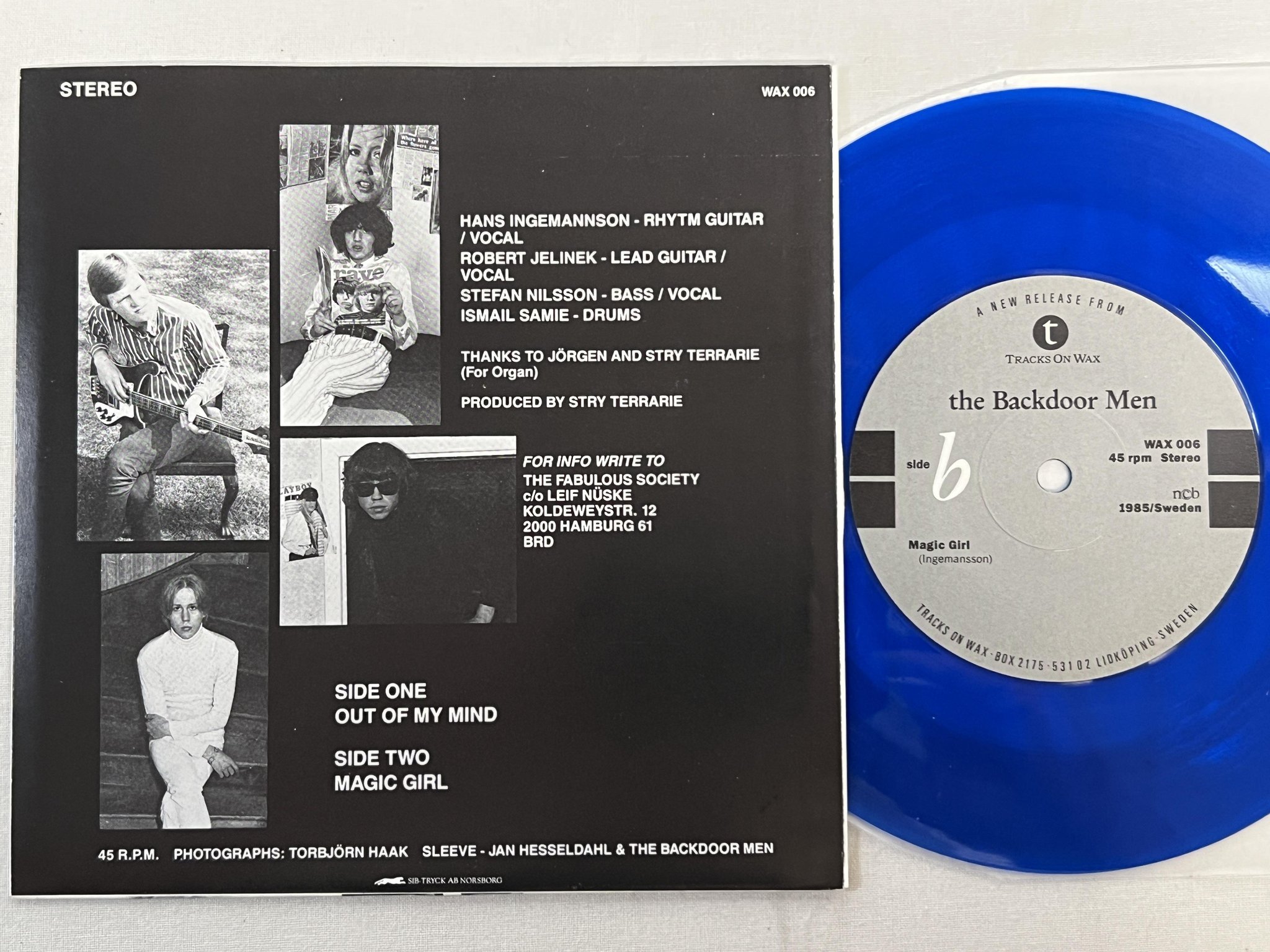 Omslagsbild för skivan THE BACKDOOR MEN Out Of My Mind 7"single -85 TRACKS IN WAX 006 ** blue vinyl **