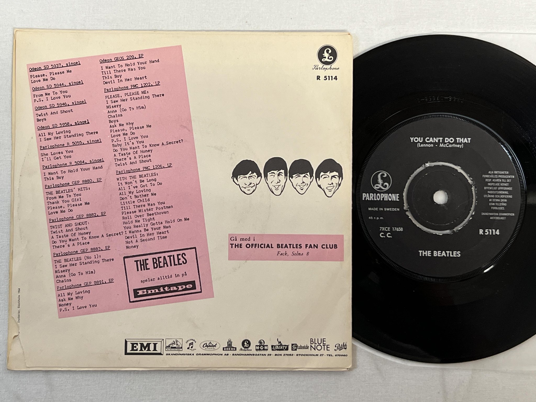 Omslagsbild för skivan THE BEATLES can't buy me love 7"single -64 Swe ODEON GEOS 216
