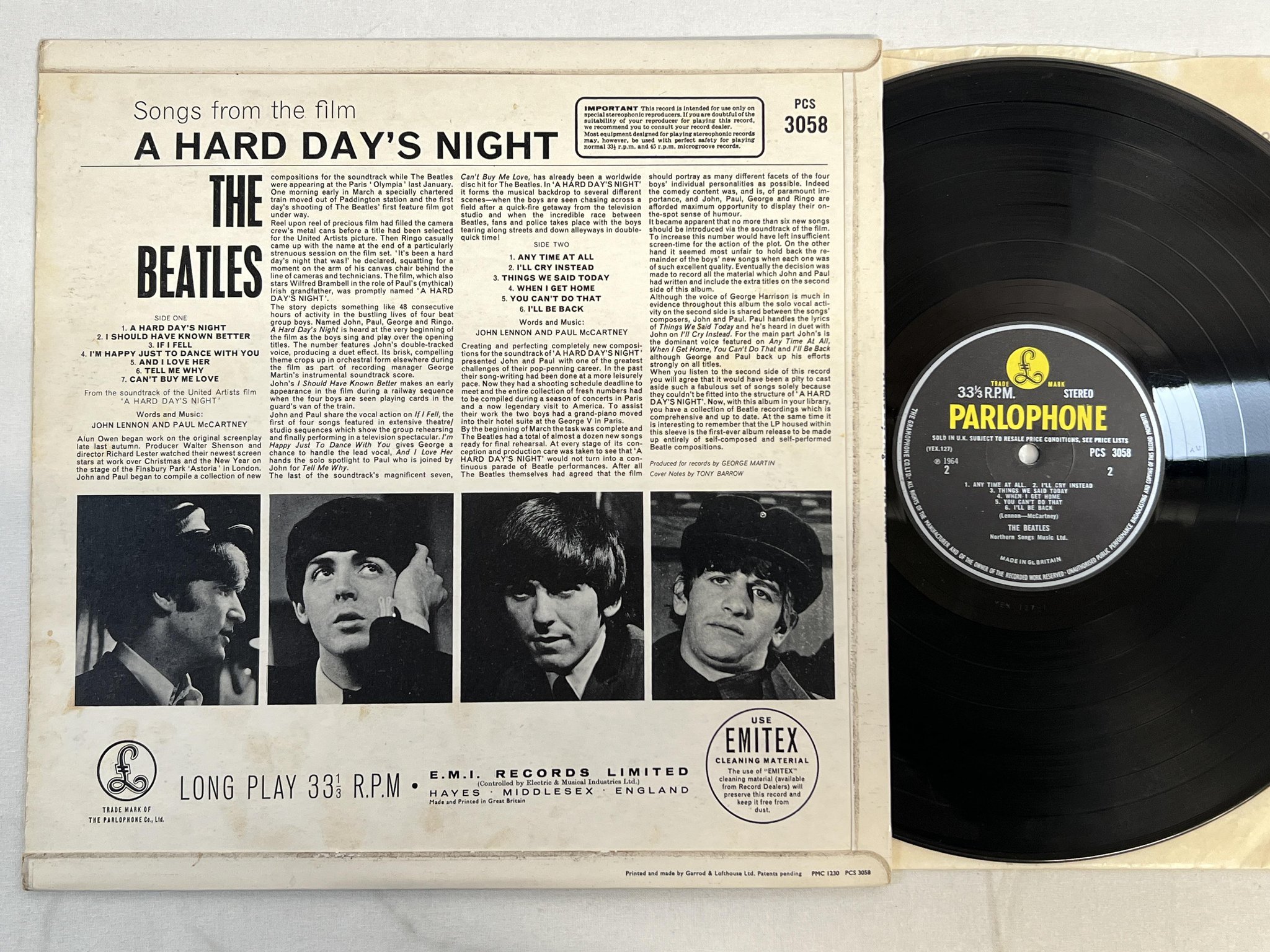 Omslagsbild för skivan THE BEATLES a hard day's night LP -64 UK PARLOPHONE PCS 3058