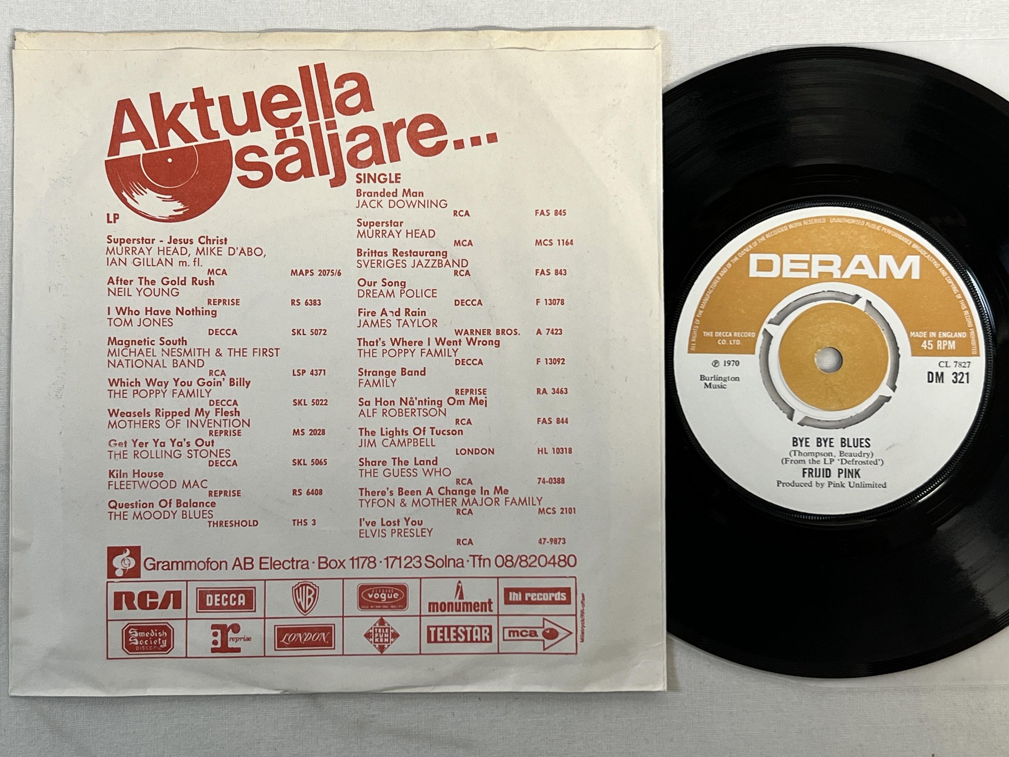 Omslagsbild för skivan FRIJID PINK heartbreak hotel 7"single -70 UK/SWE DERAM DM 321