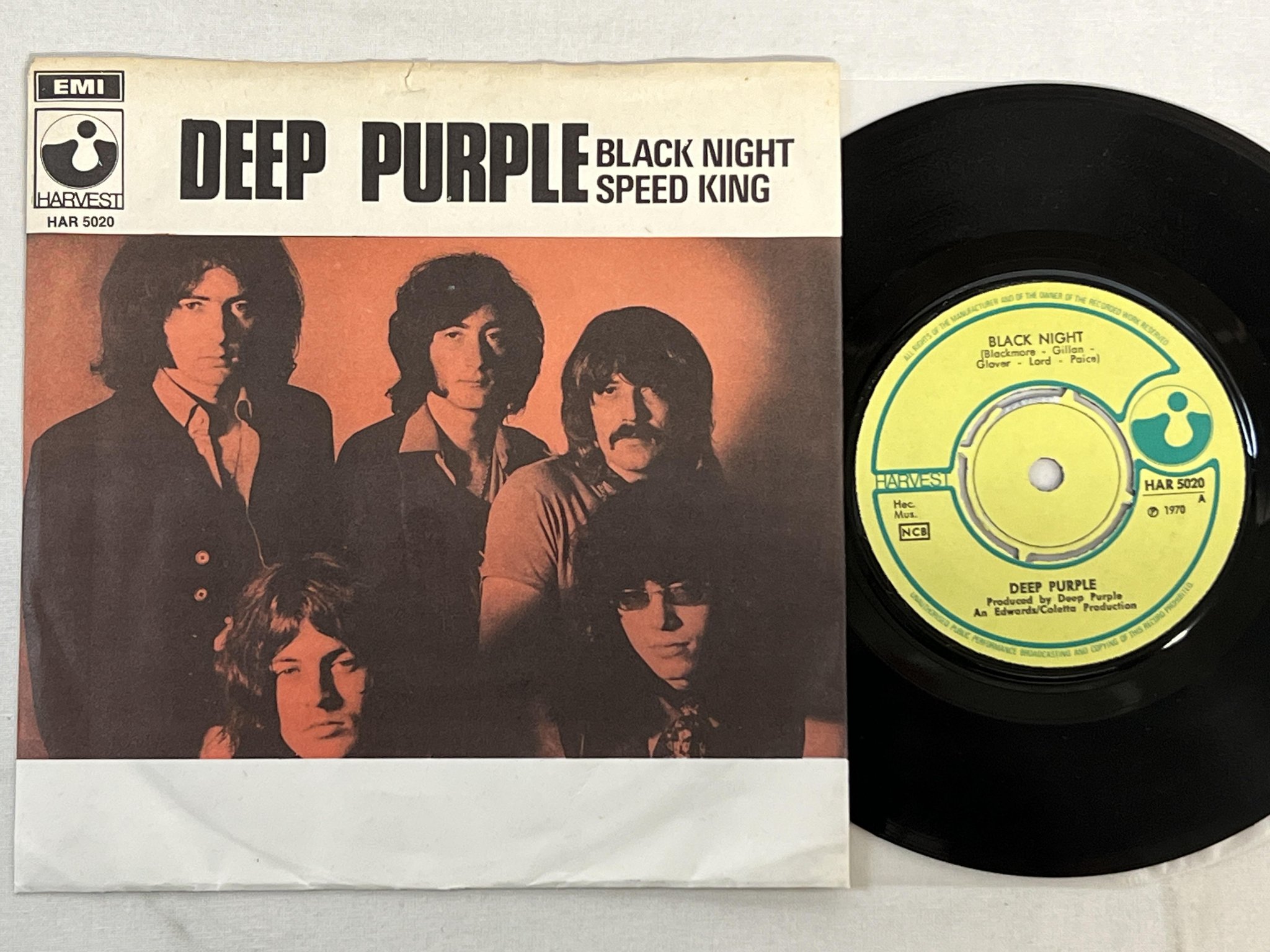 Omslagsbild för skivan DEEP PURPLE black night 7"single -70 ncb HARVEST HAR 5020