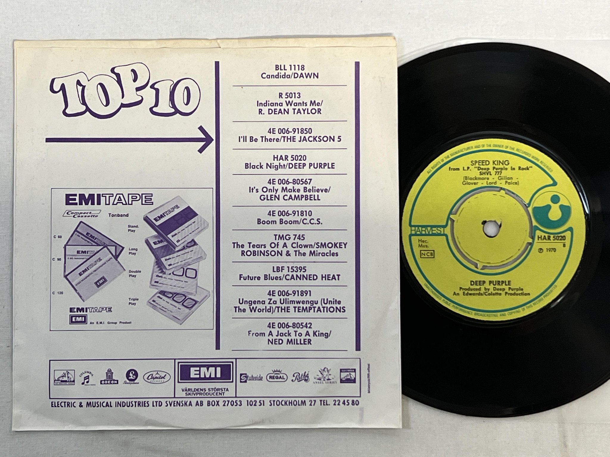 Omslagsbild för skivan DEEP PURPLE black night 7"single -70 ncb HARVEST HAR 5020