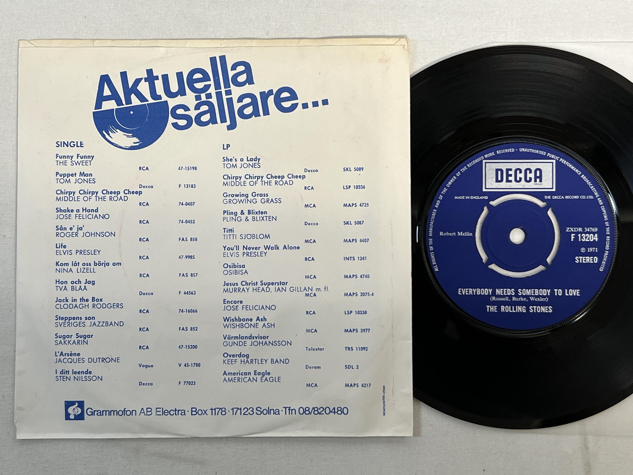 Omslagsbild för skivan THE ROLLING STONES street fighting man 7"single -71 Swe DECCA F13204 ** RARE **