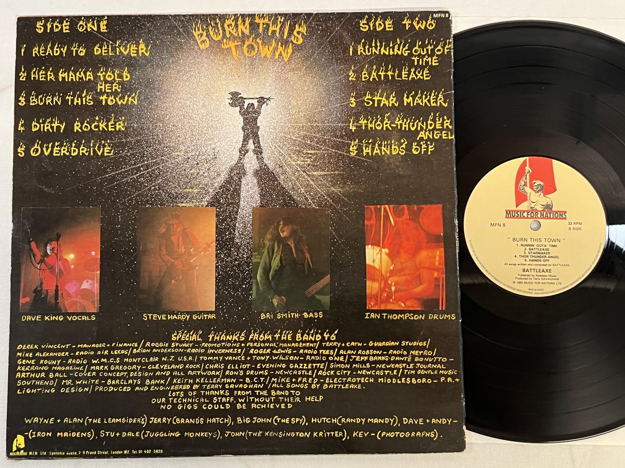 Omslagsbild för skivan BATTLEAXE burn this town LP -83 MUSIC FOR NATIONS MFN-8