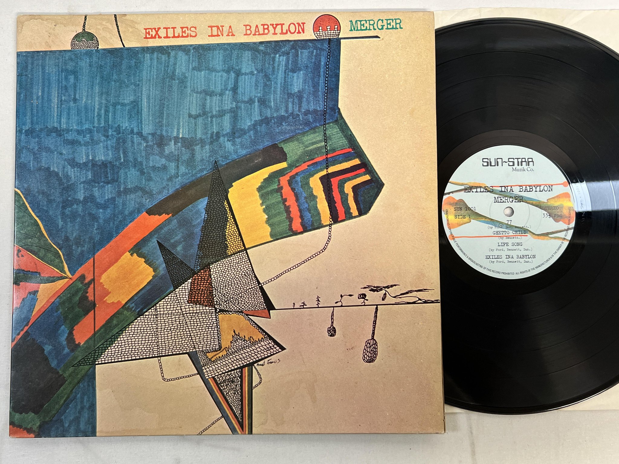 Omslagsbild för skivan MERGER exiles ina Babylon LP -77 UK SUN-STAR MUZIK CO. SUN 1001