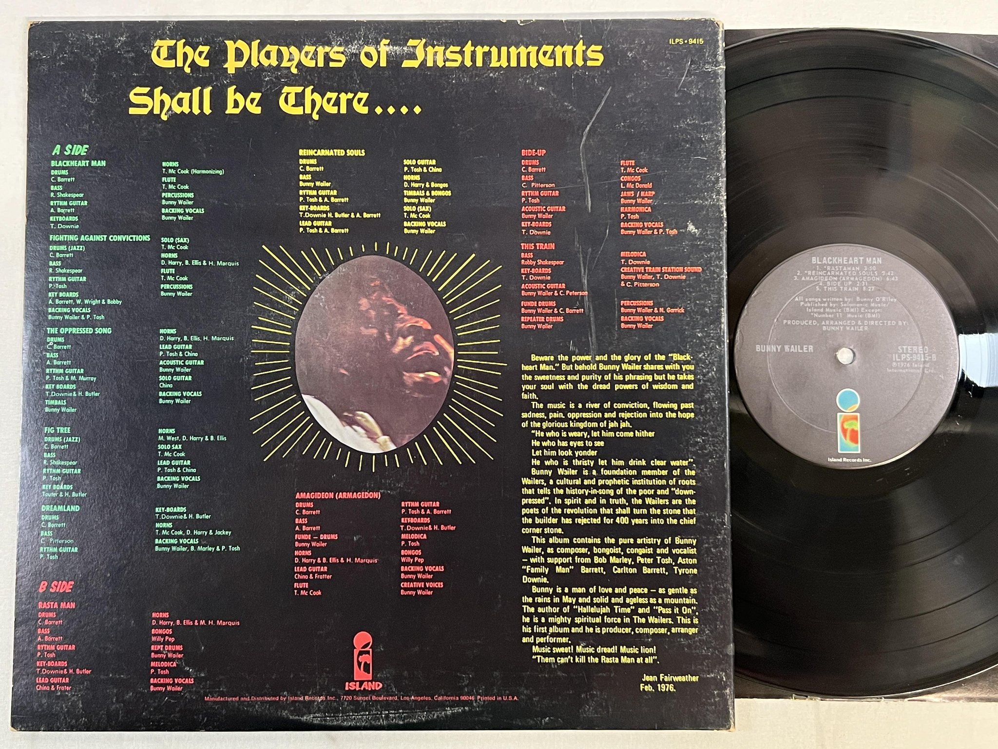 Omslagsbild för skivan BUNNY WAILER blackheart man LP -76 US ISLAND ILPS 9415