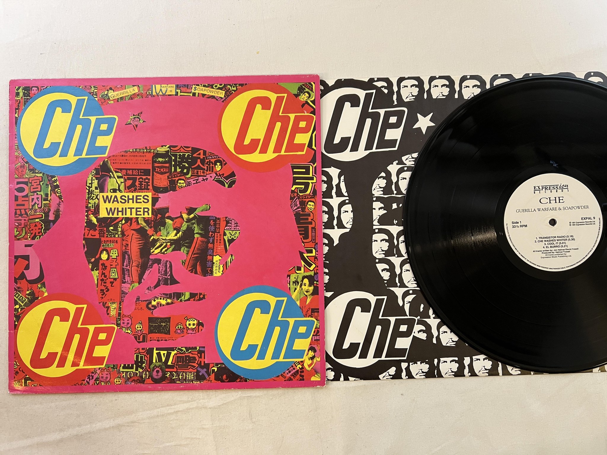 Omslagsbild för skivan GUERILLA WARFARE & SOAPOWDER Che Washes Whiter LP -91 UK EXPRESSION ** techno **