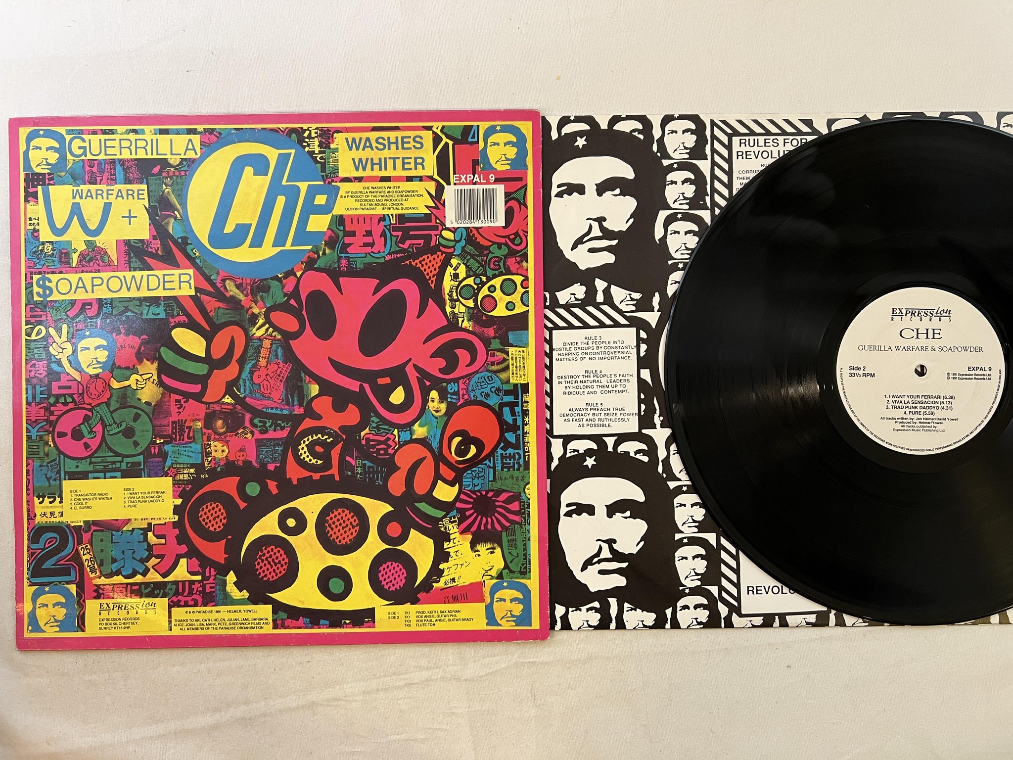 Omslagsbild för skivan GUERILLA WARFARE & SOAPOWDER Che Washes Whiter LP -91 UK EXPRESSION ** techno **