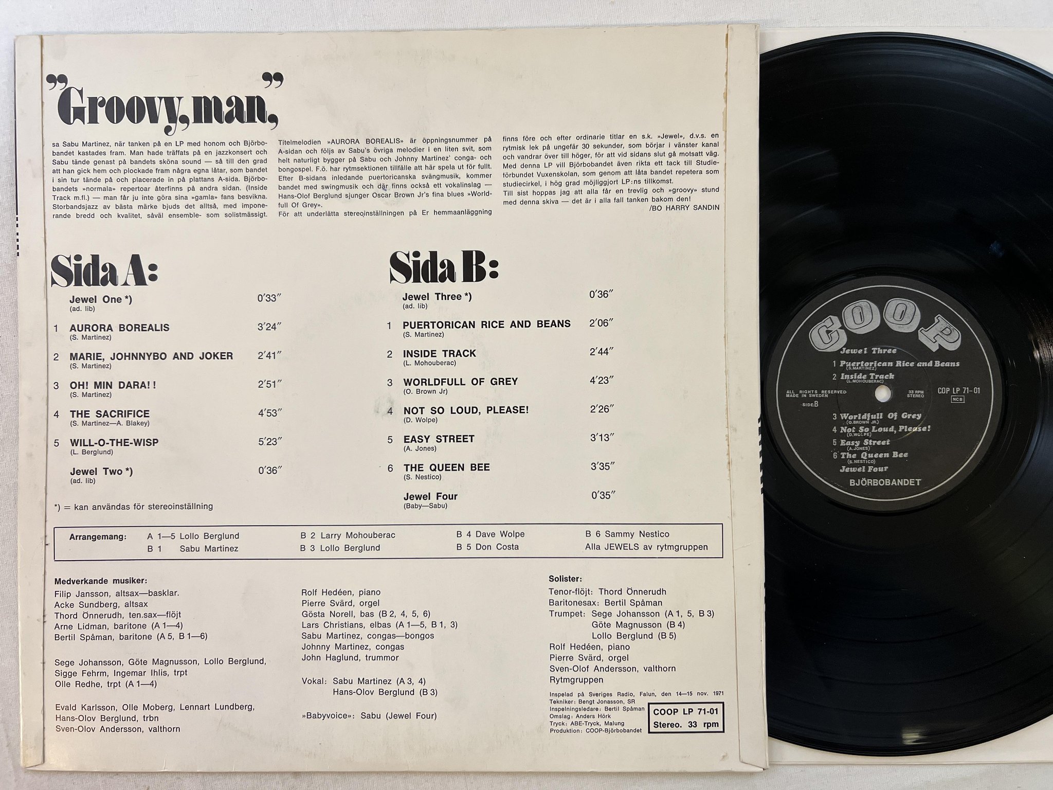 Omslagsbild för skivan SABU MARTINEZ & BJÖRNBOBANDET aurora borealis LP -71 COOP LP 71-01 ** RARE **