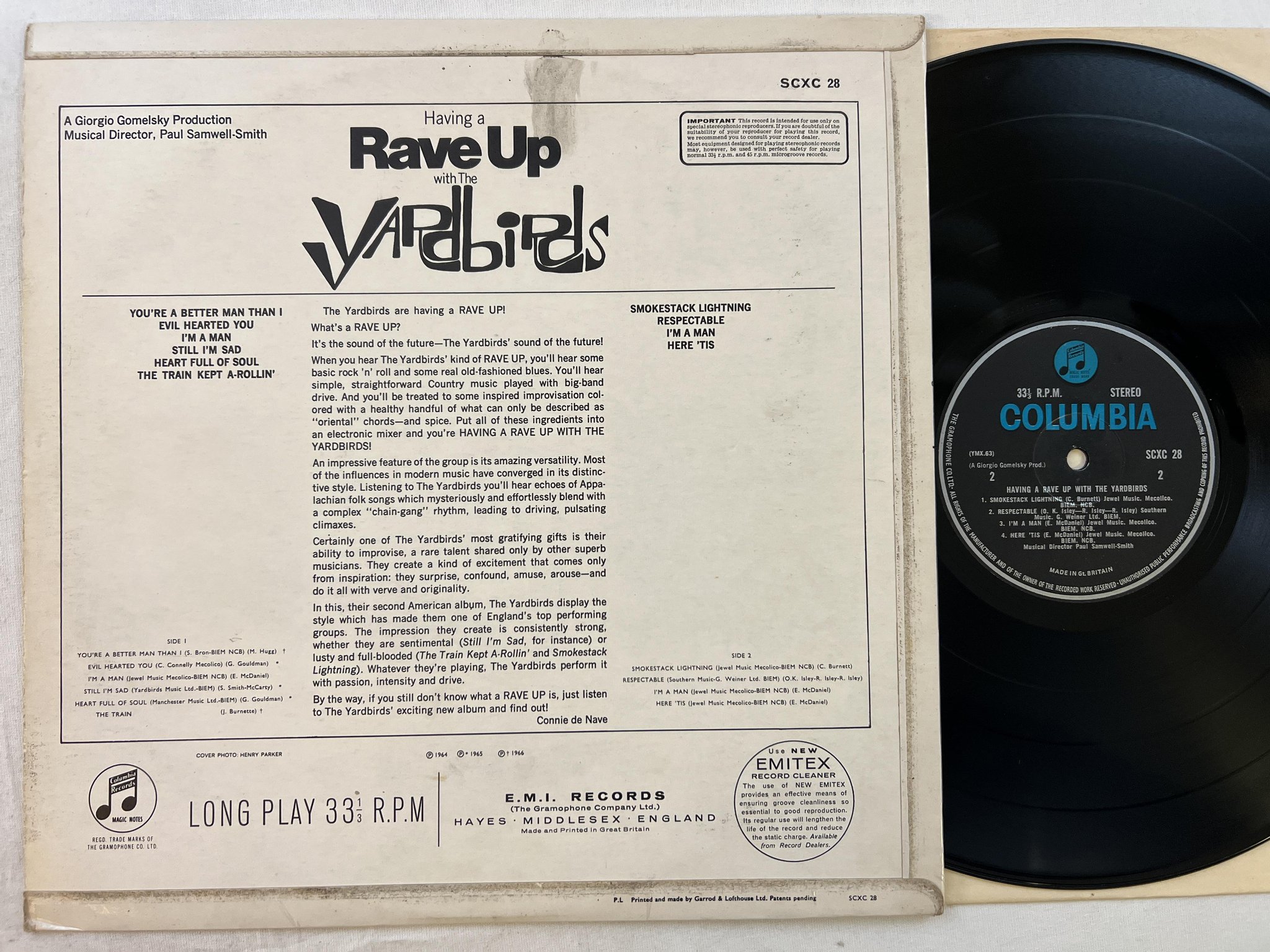 Omslagsbild för skivan THE YARDBIRDS Having A Rave Up With.. LP -65 UK export COLUMBIA SCXC 28