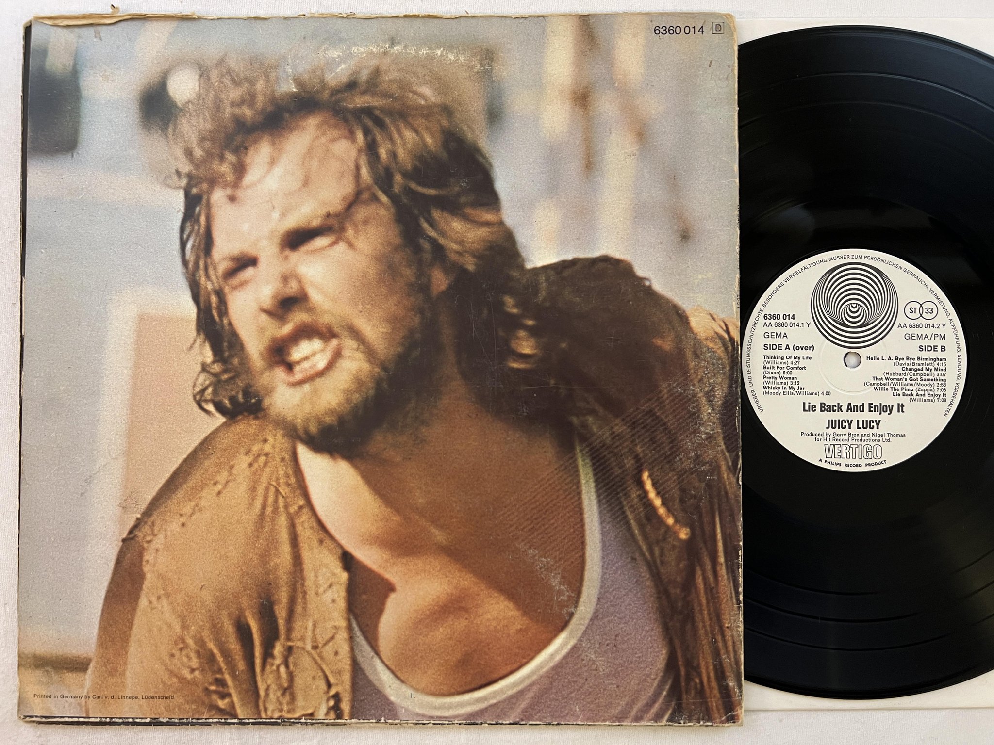 Omslagsbild för skivan JUICY LUCY lie back and enjoy it LP -70 Ger VERTIGO 6360 014 ** poster-sleeve **