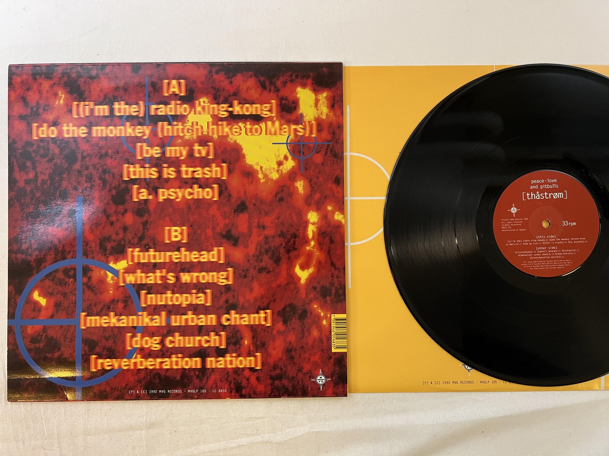 Omslagsbild för skivan PEACE LOVE AND PITBULLS s/t LP -92 Swe MVGLP 105 Thåström