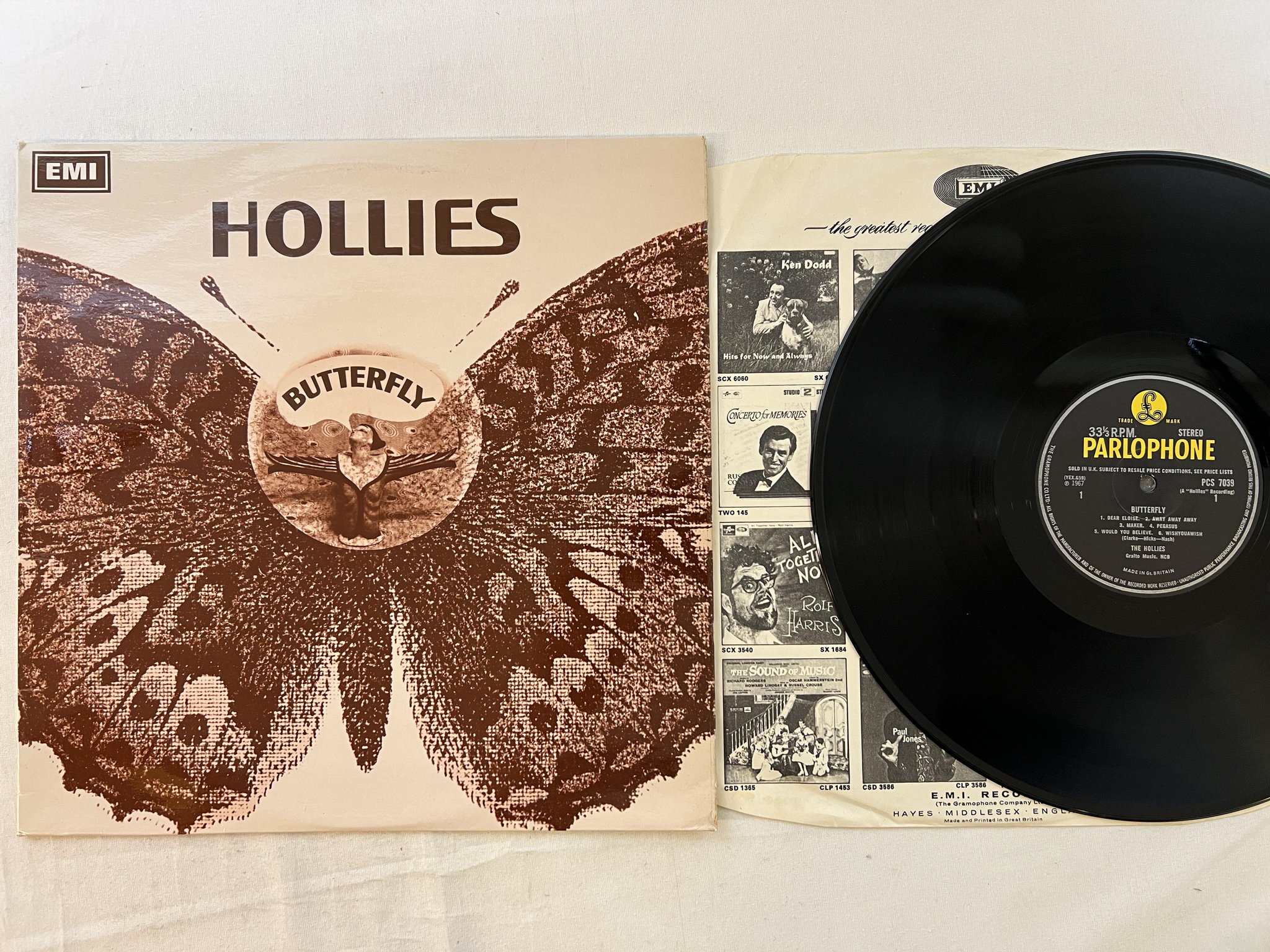 Omslagsbild för skivan HOLLIES butterfly LP -67 UK PARLOPHONE PCS 7039