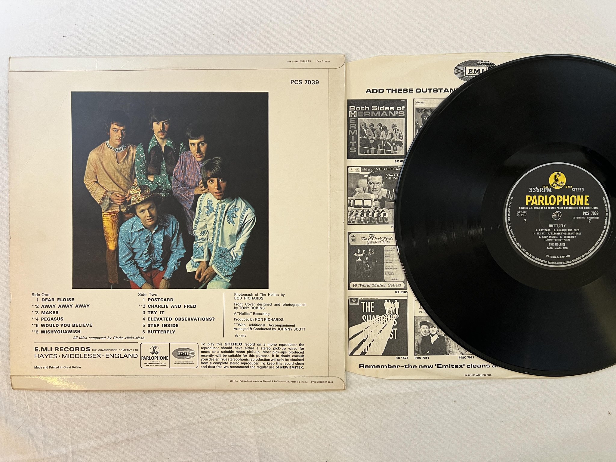 Omslagsbild för skivan HOLLIES butterfly LP -67 UK PARLOPHONE PCS 7039