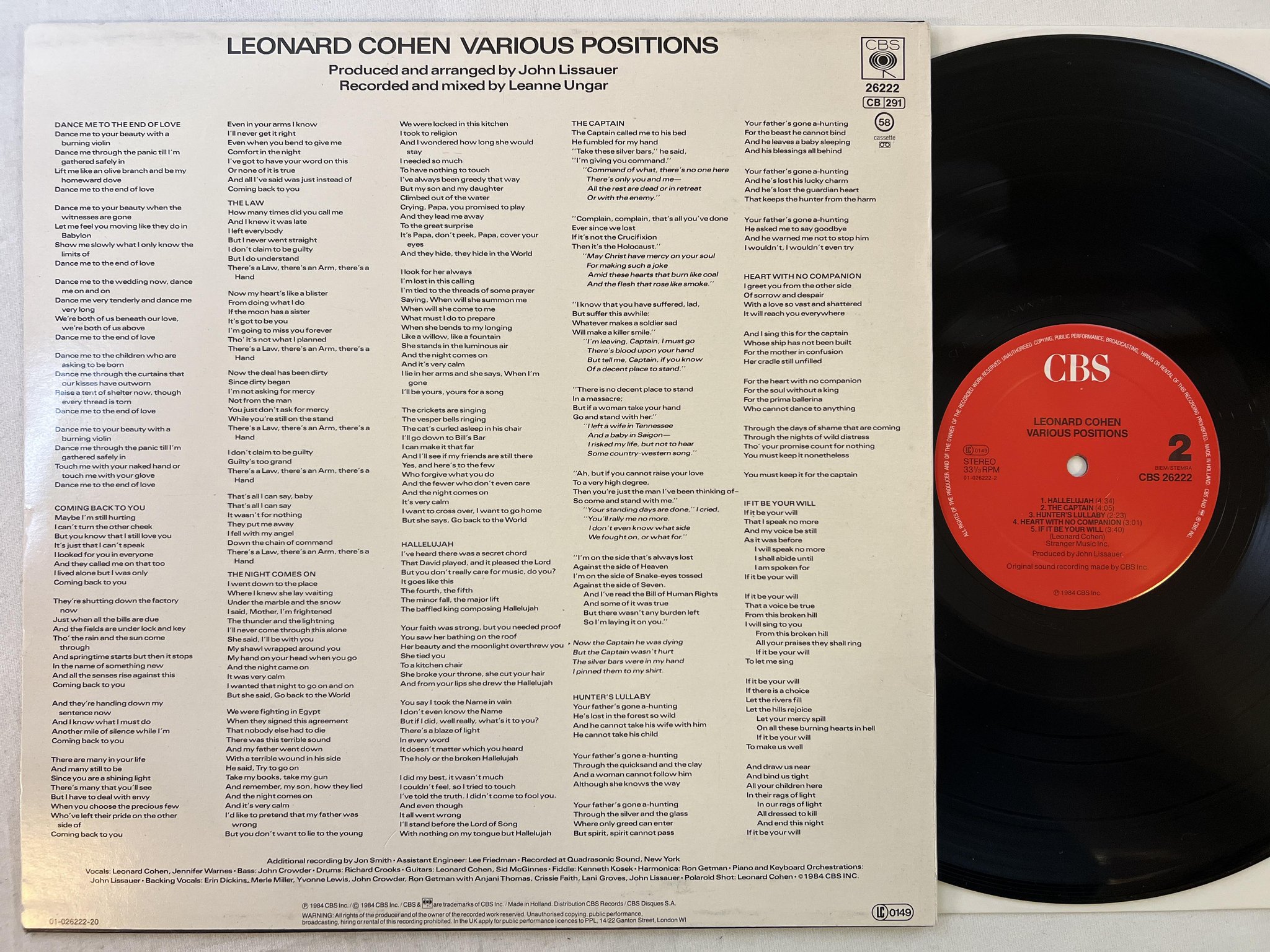 Omslagsbild för skivan LEONARD COHEN various positions LP 84 Hol CBS 26222