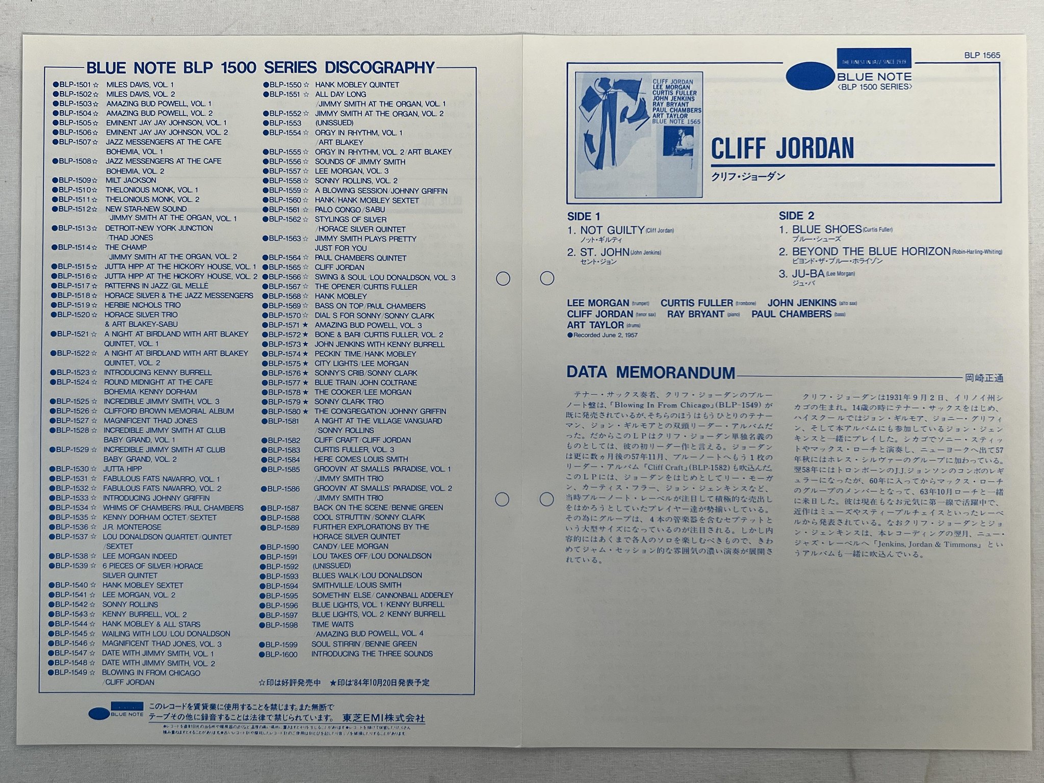 Omslagsbild för skivan CLIFF JORDAN w/ LEE MORGAN + MORE LP Japan BLUE NOTE BLP 1565