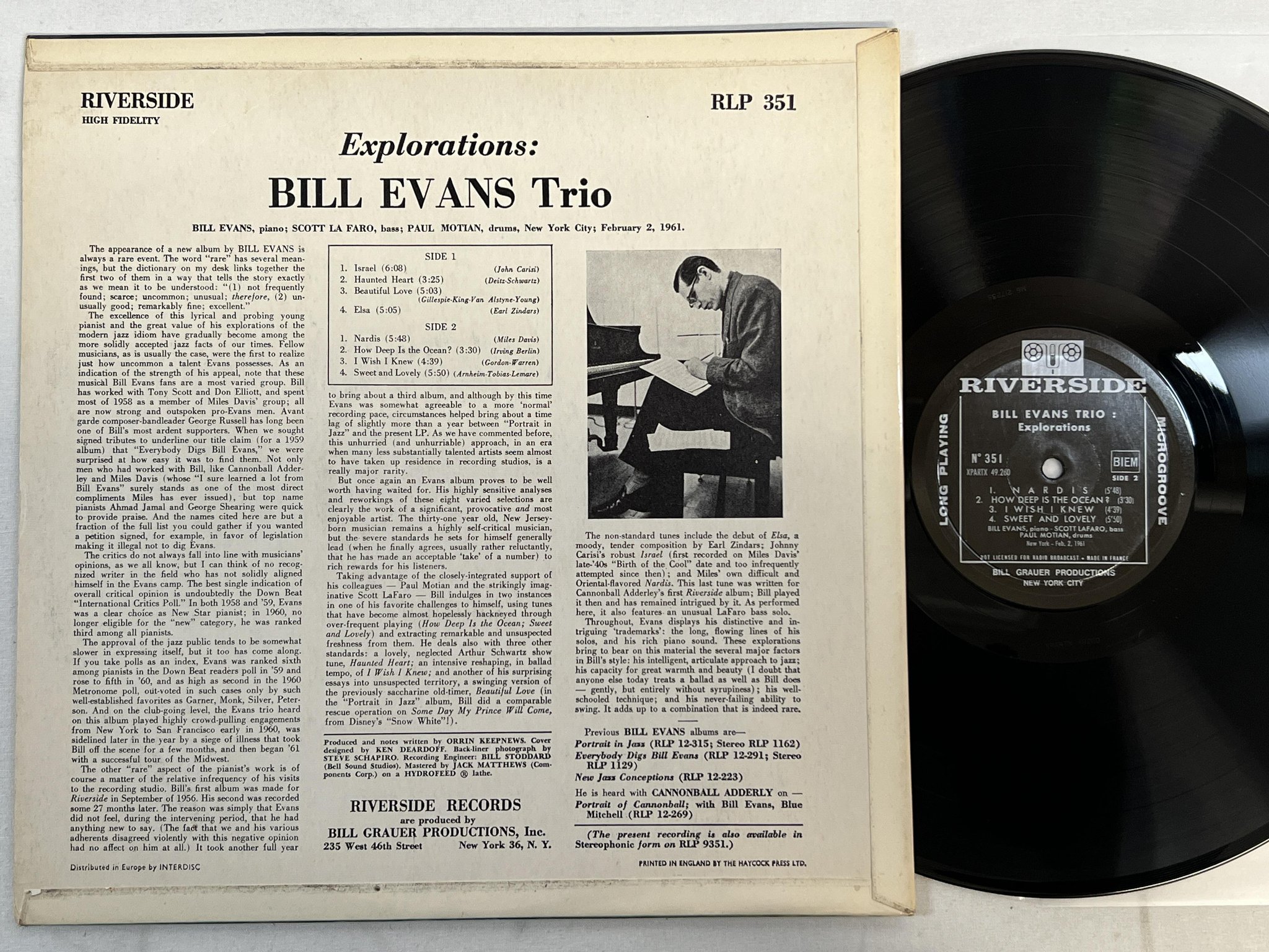 Omslagsbild för skivan BILL EVANS TRIO explorations LP -61 Fra RIVERSIDE RLP 351 ** RARE **
