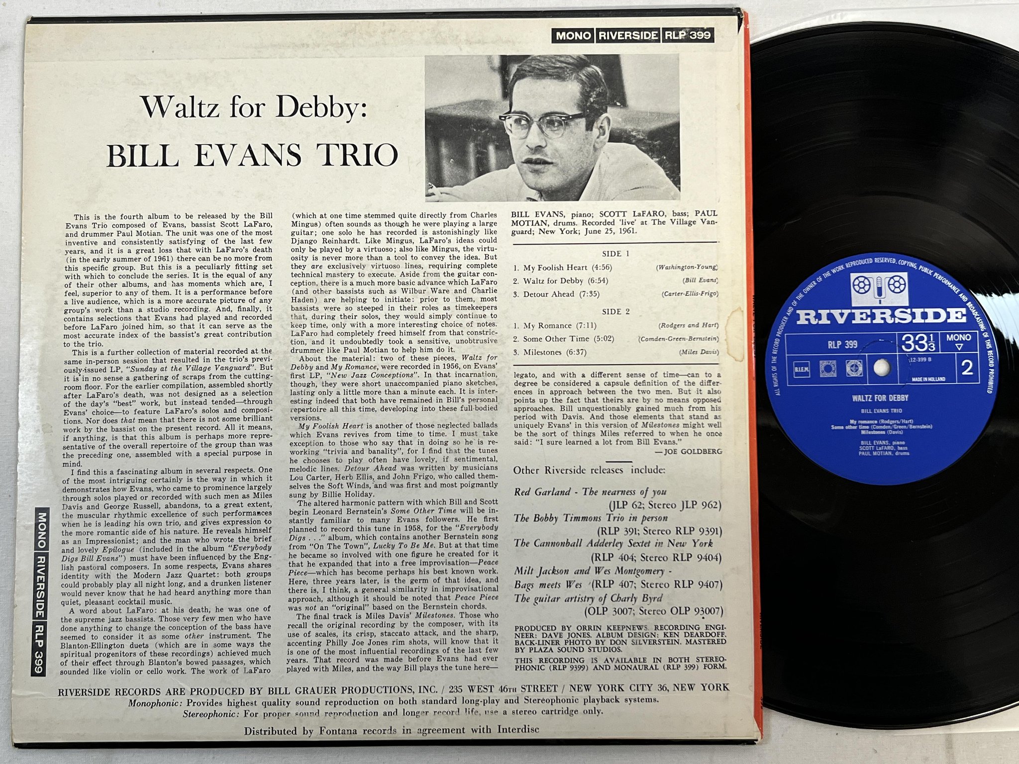 Omslagsbild för skivan BILL EVANS TRIO waltz for debby LP -62 Hol MONO RIVERSIDE RLP 399 ** RARE **
