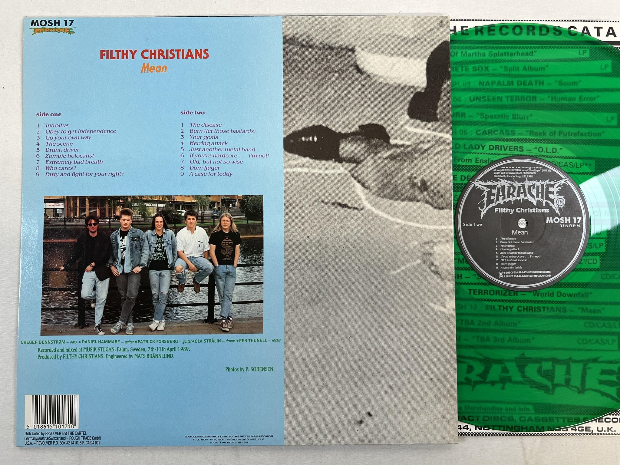 Omslagsbild för skivan FILTHY CHRISTIANS mean LP -90 Swe EARACHE MOSH 17 ** green vinyl **