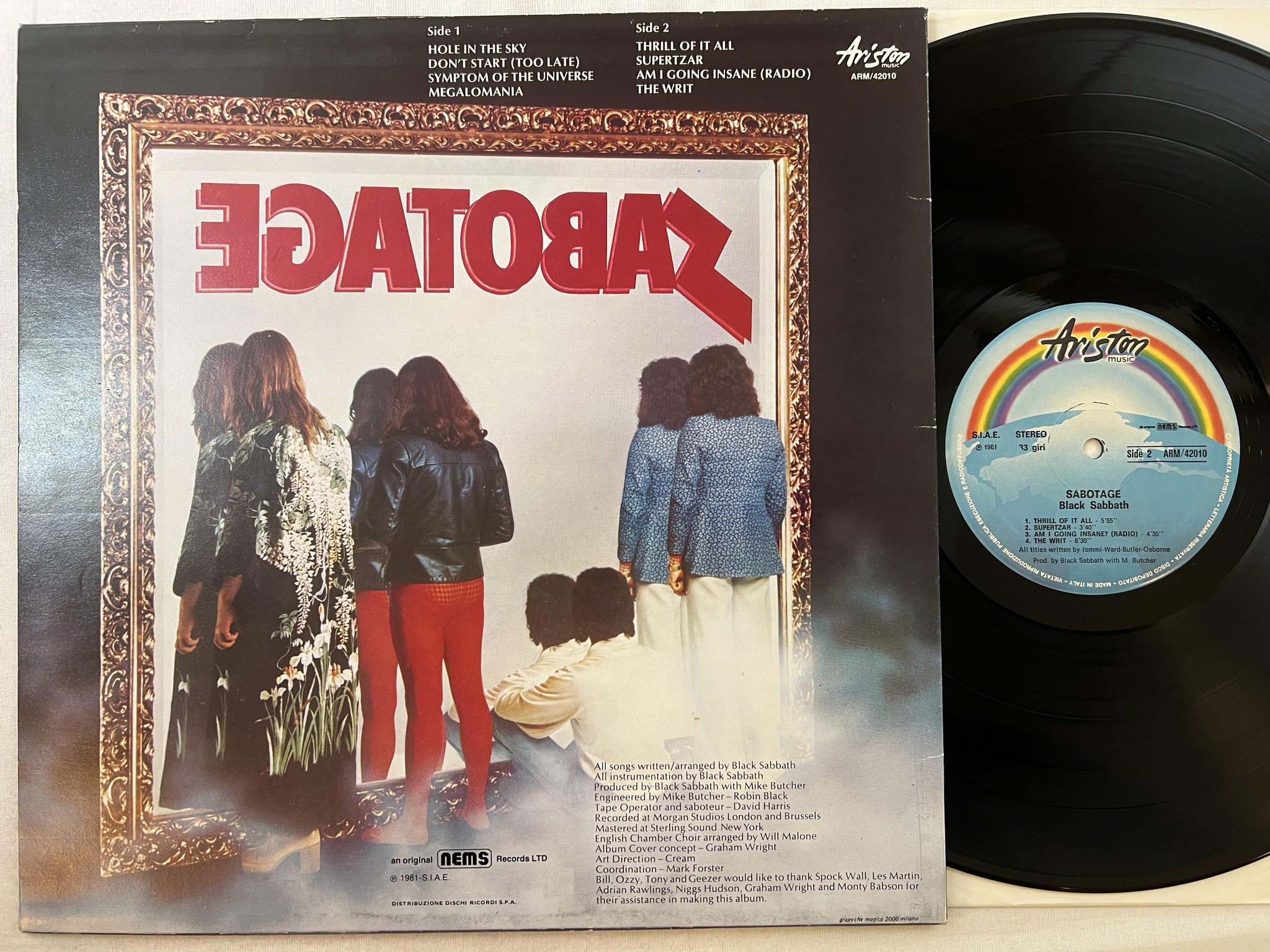 Omslagsbild för skivan BLACK SABBATH sabotage LP -81 Ita ARISTON ARM 42010