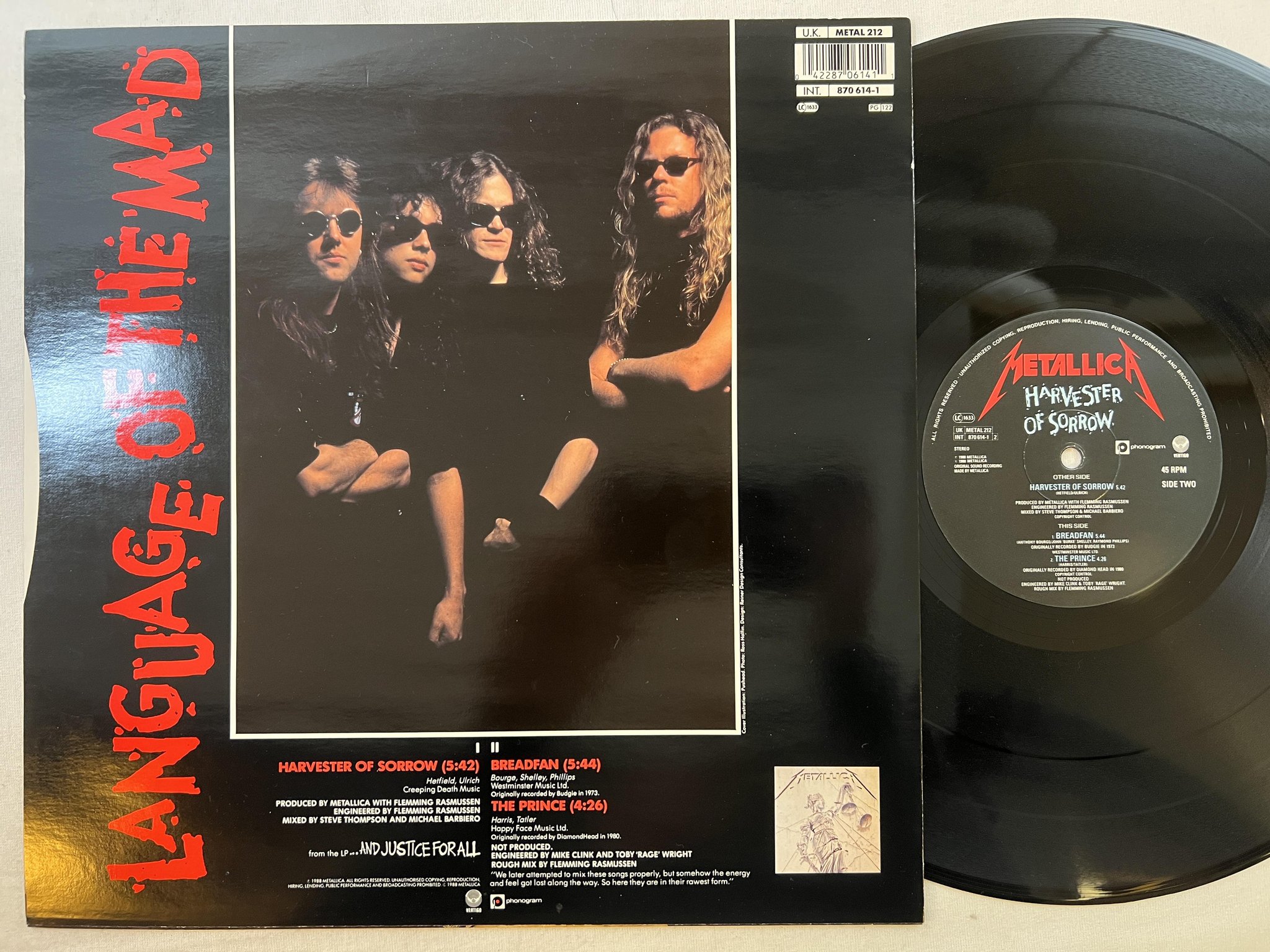 Omslagsbild för skivan METALLICA harvest of sorrow 12"ep -88 VERTIGO 870 614-1